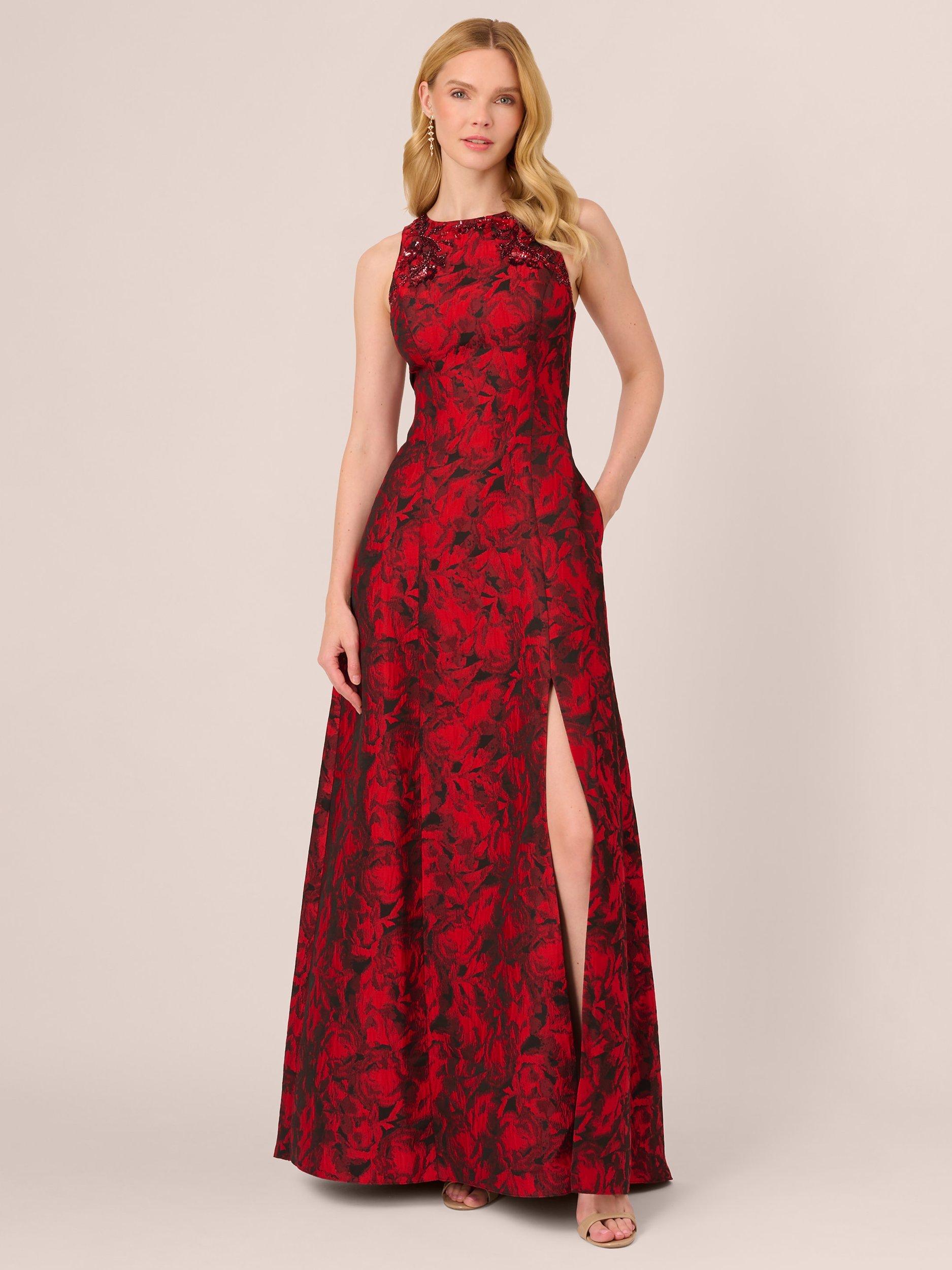 Adrianna Papell Beaded Jacquard Maxi Dress, Black/Red