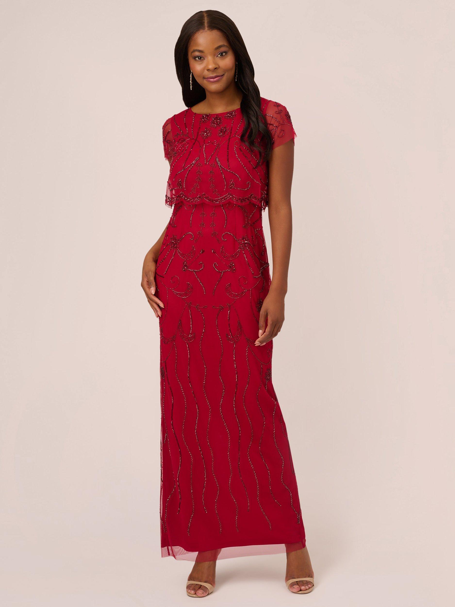 Adrianna Papell Beaded Mesh Maxi Dress, Cranberry