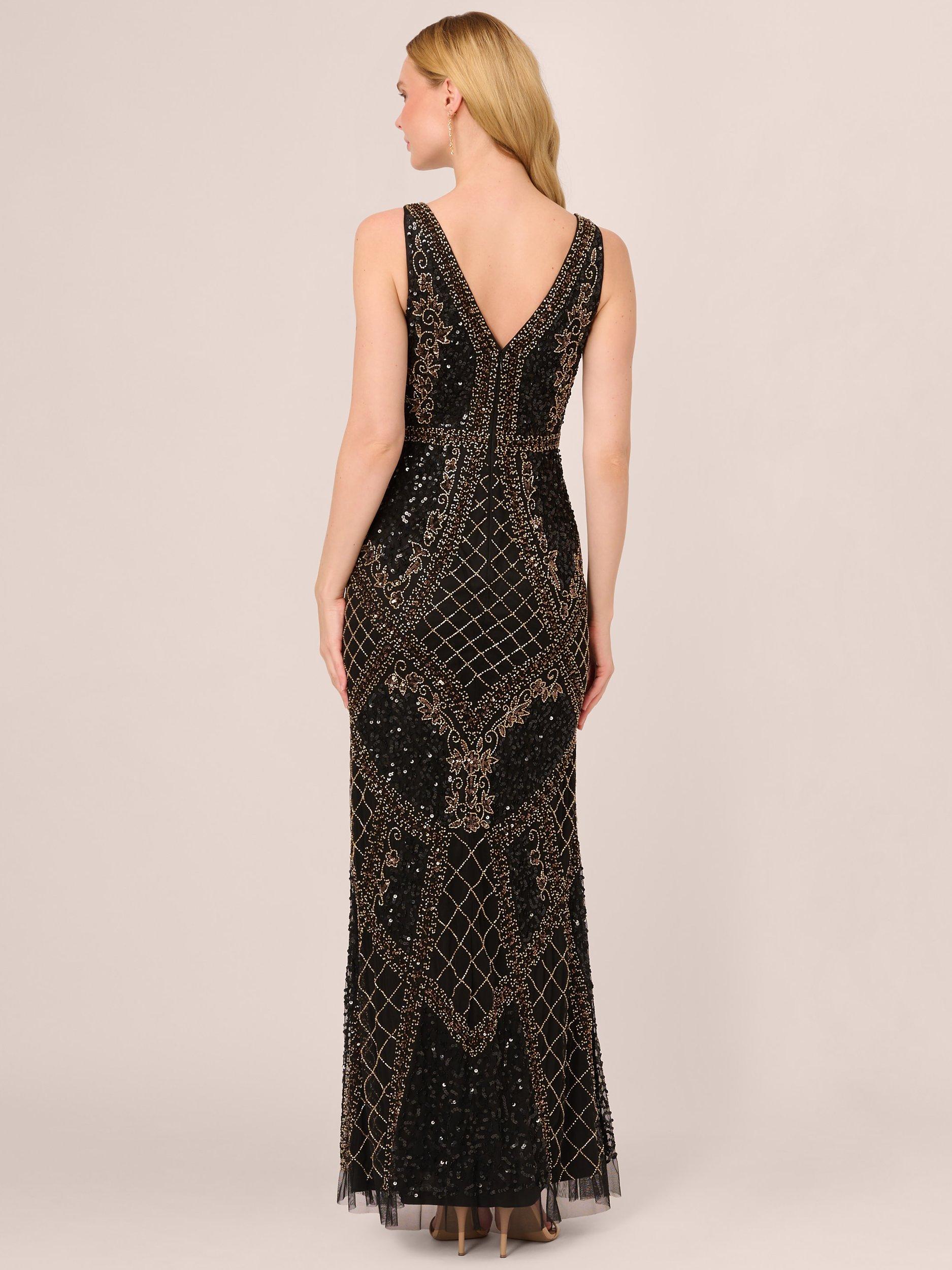 Adrianna Papell Beaded Mesh Maxi Dress Black Gold