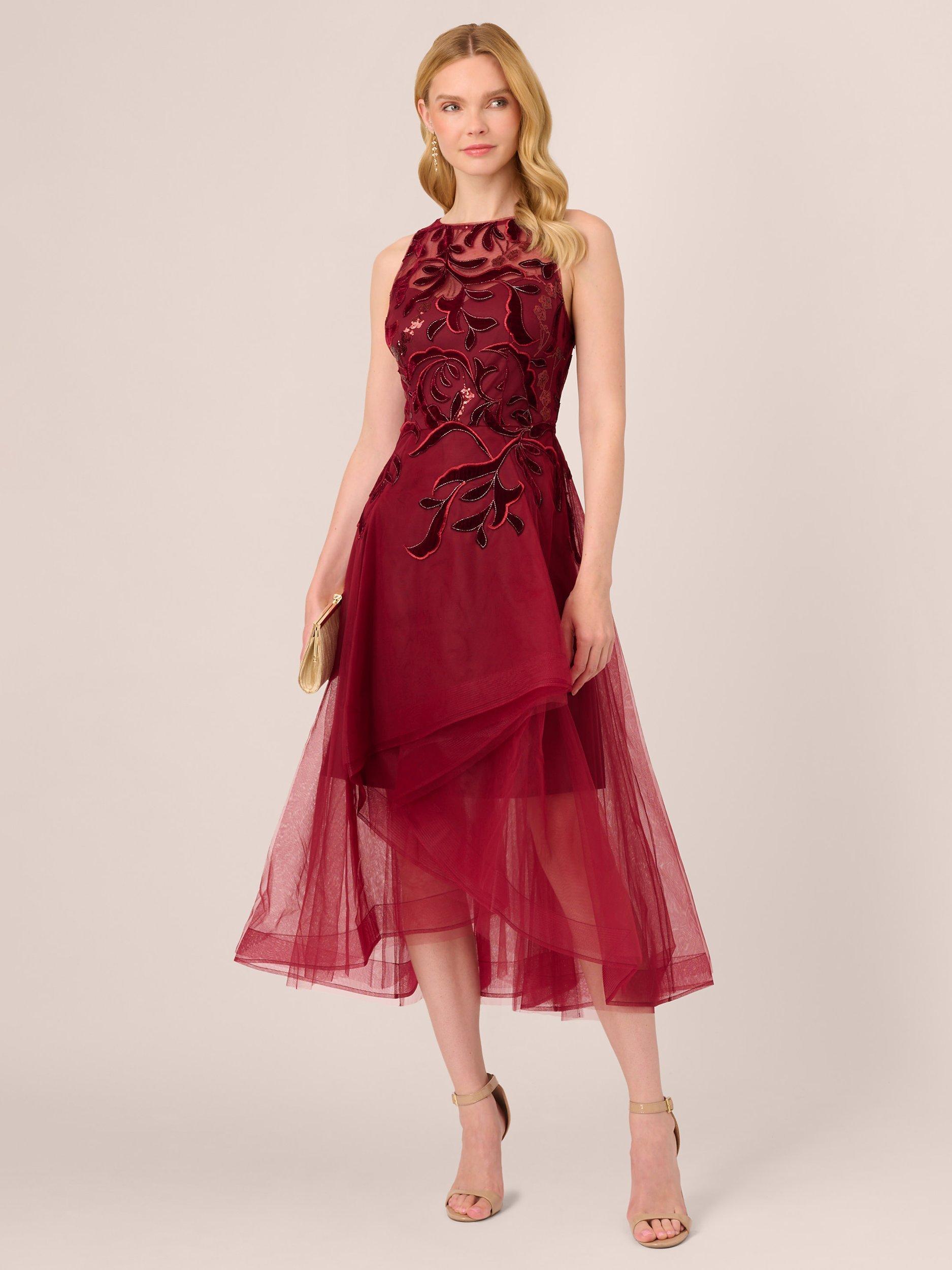 Adrianna Papell Halter Velvet Tulle Dress Garnet