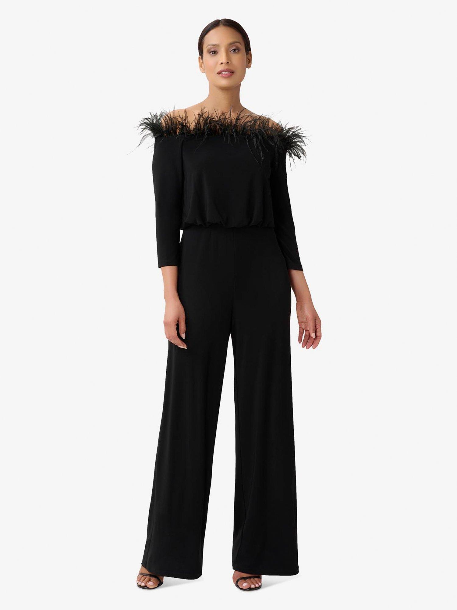 Adrianna Papell Feather Trim Wide Leg Jersey Jumpsuit, Black
