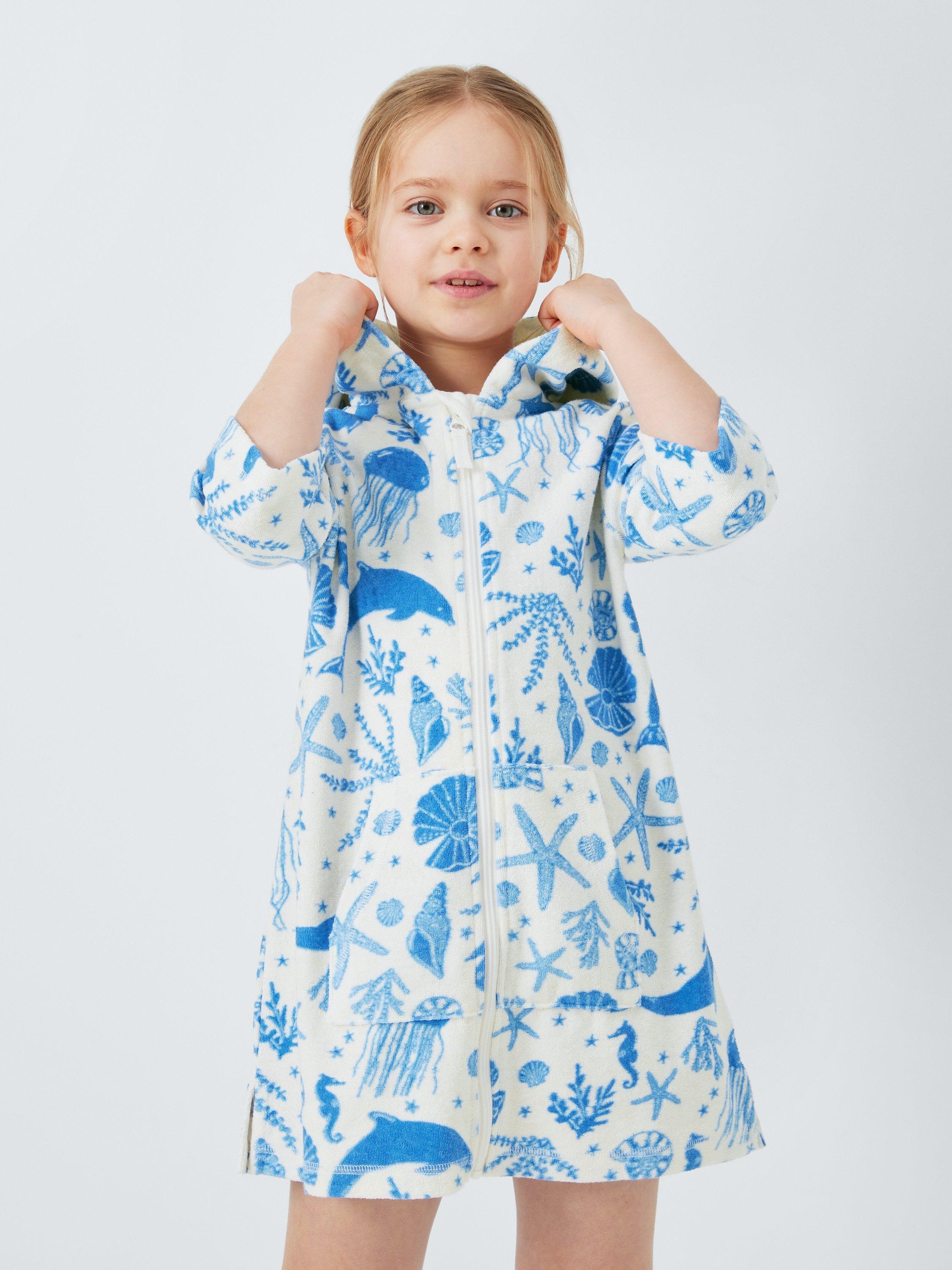 John Lewis Kids' Under The Sea Zip Through Hooded Towelling Poncho, Blue/Multi