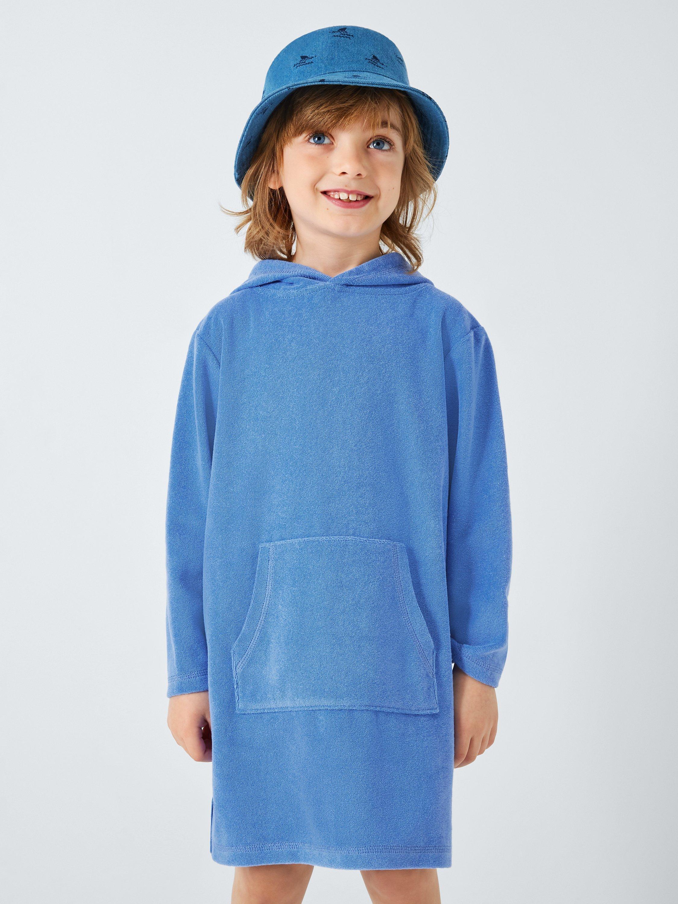 Product image 1 of 6, which shows John Lewis Kids' Hooded Towelling Poncho, Blue, 4 years