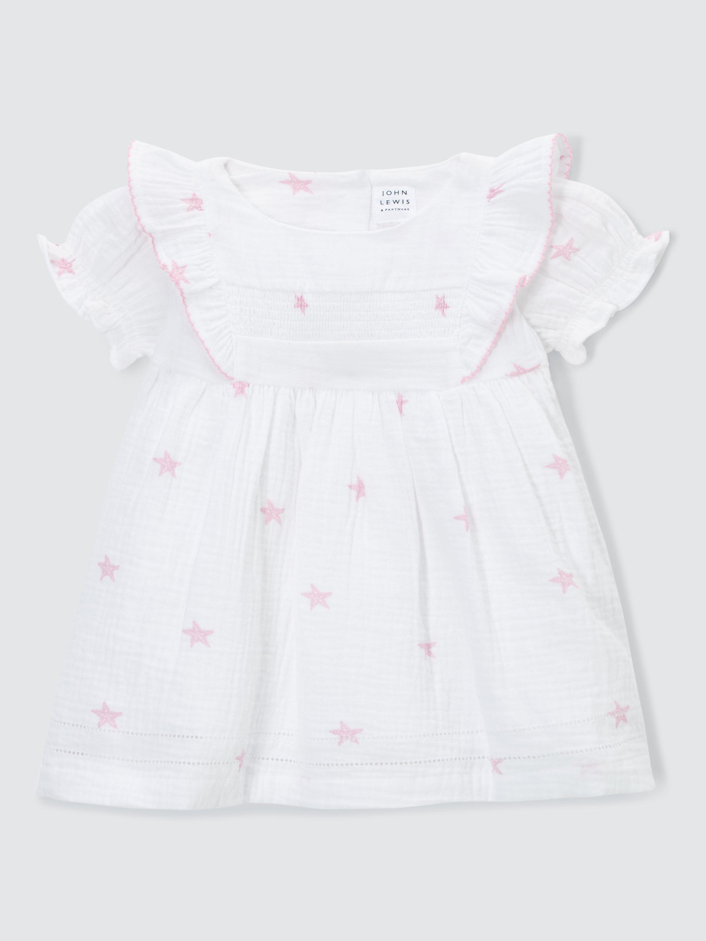 John Lewis Baby Star Frill Sleeve Dress, White