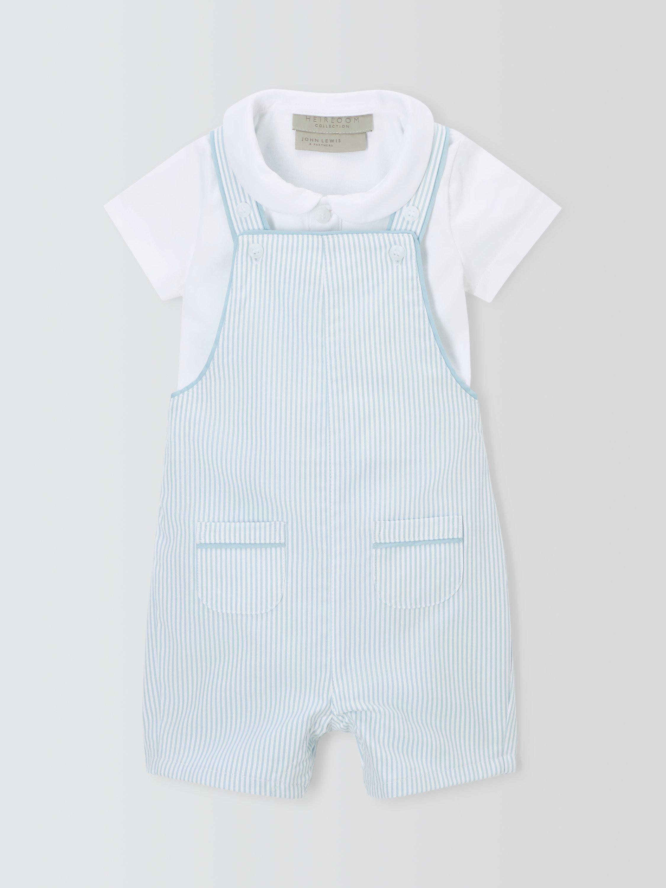 John Lewis Heirloom Collection Baby Bodysuit & Stripe Short Dungarees Set, Blue/White