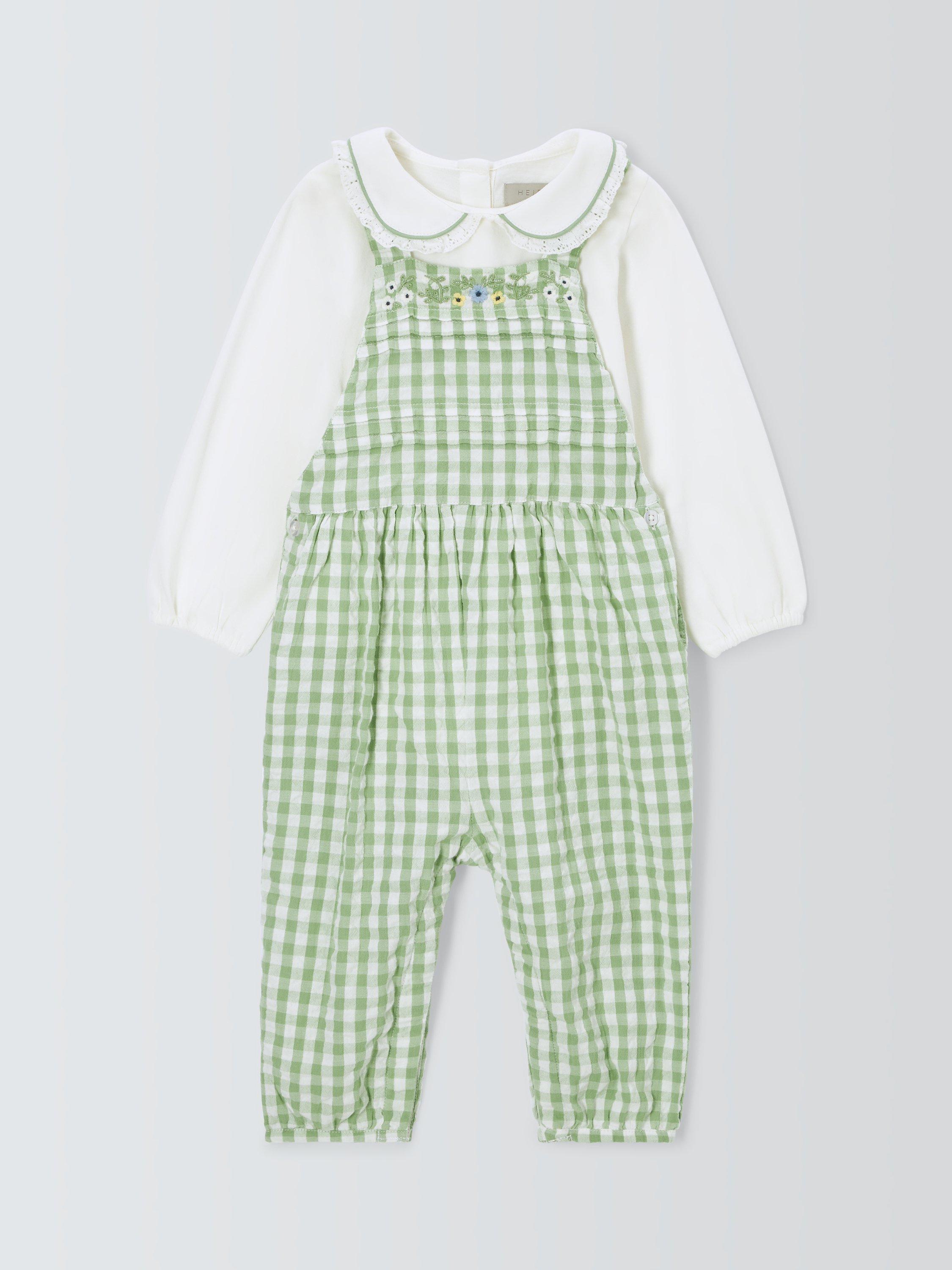 Product image 1 of 3, which shows John Lewis Heirloom Collection Baby Blouse & Embroidered Gingham Dungarees, Green/White, 3-4 years