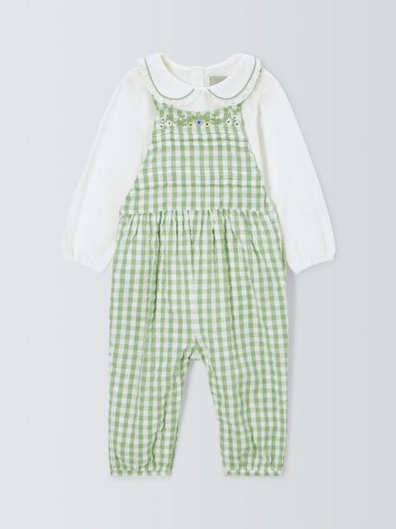 John Lewis Heirloom Collection Baby Blouse & Embroidered Gingham Dungarees, Green/White