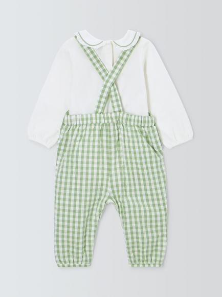 John Lewis Heirloom Collection Baby Blouse & Embroidered Gingham Dungarees - view 2, Green/White