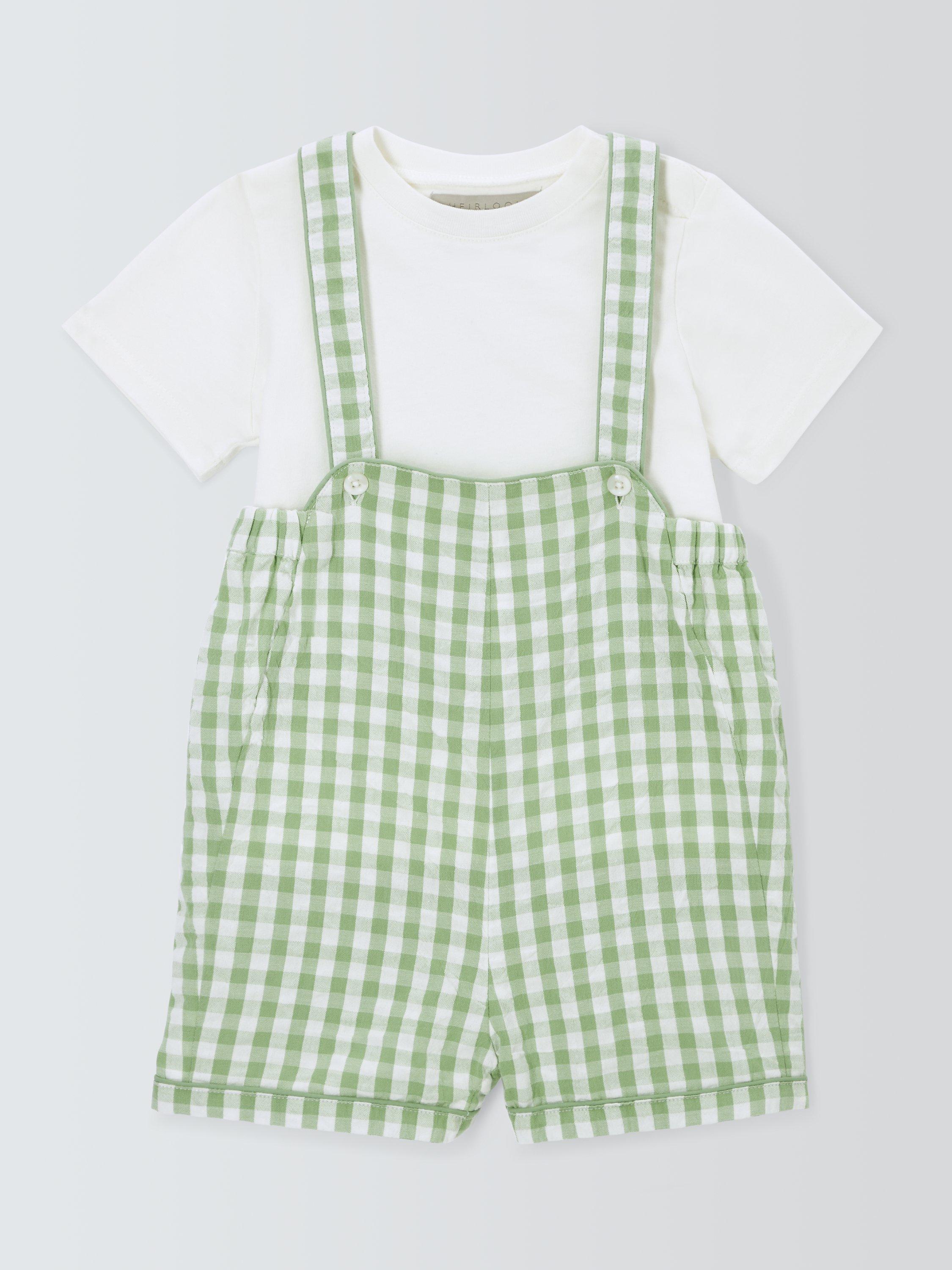 Product image 1 of 3, which shows John Lewis Heirloom Collection Baby T-Shirt and Gingham Short Dungarees Set, Green/Multi, 3-4 years