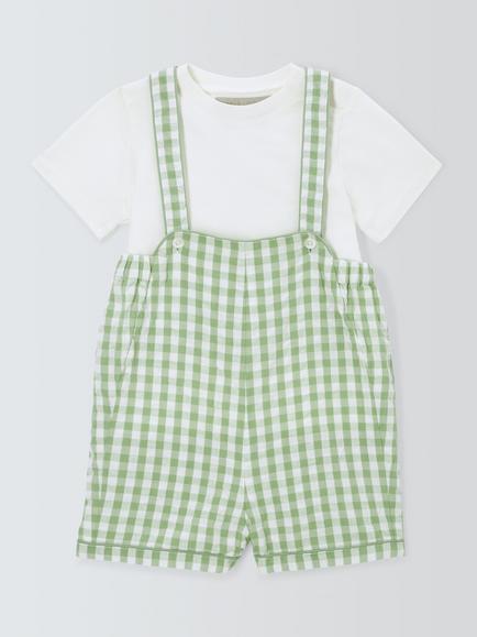 John Lewis Heirloom Collection Baby T-Shirt and Gingham Short Dungarees Set, Green/Multi