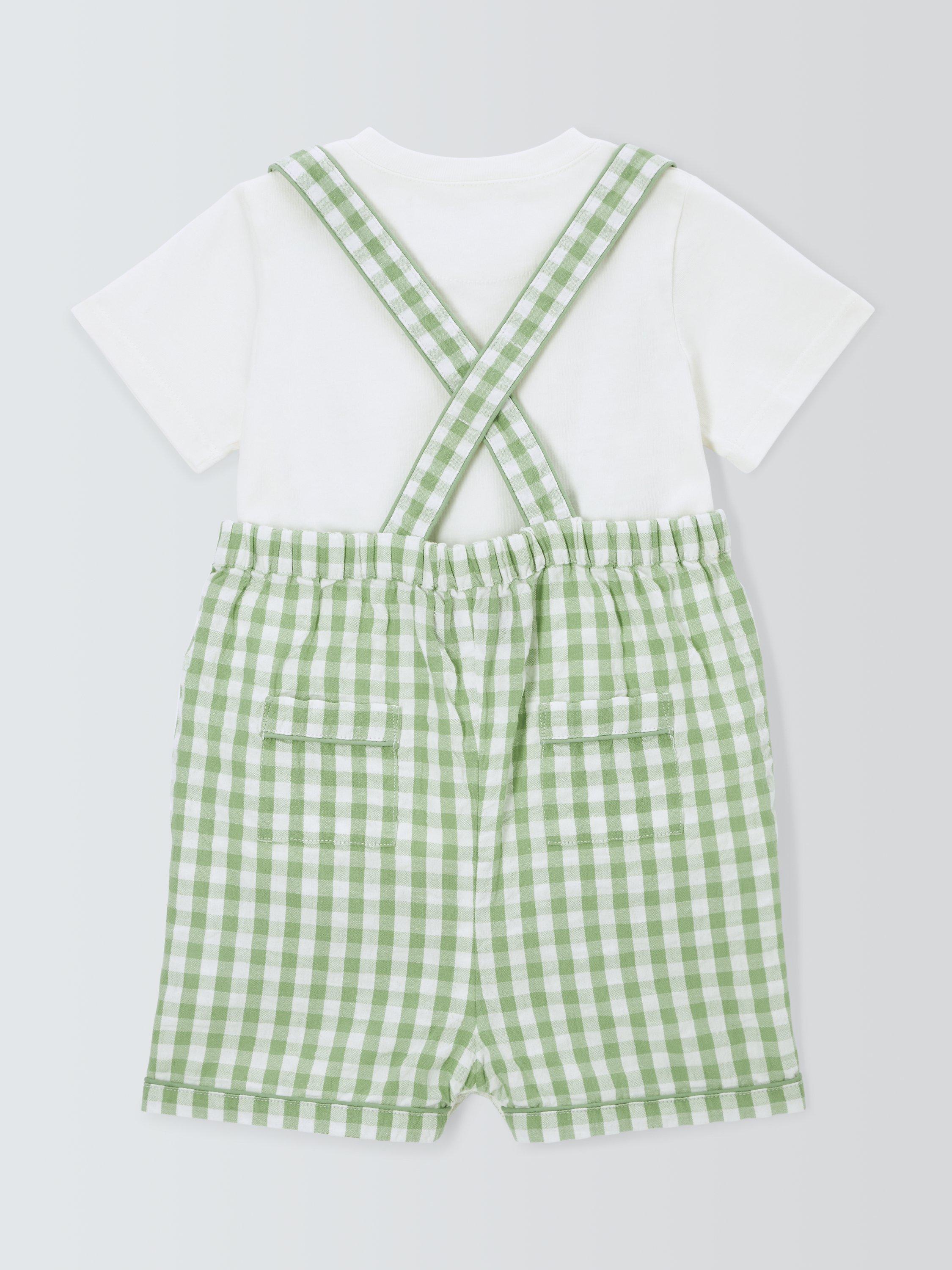 Product image 2 of 3, which shows John Lewis Heirloom Collection Baby T-Shirt and Gingham Short Dungarees Set, Green/Multi, 3-4 years