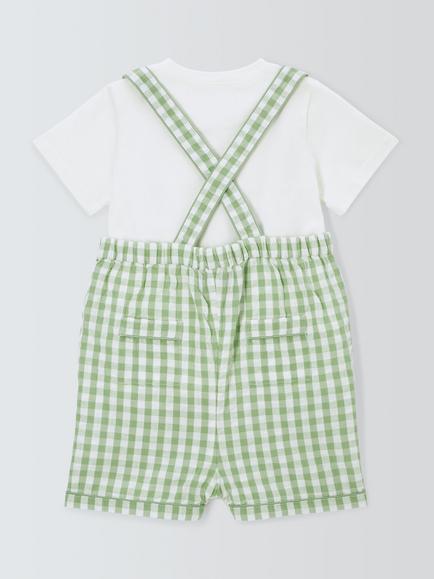 John Lewis Heirloom Collection Baby T-Shirt and Gingham Short Dungarees Set - view 2, Green/Multi