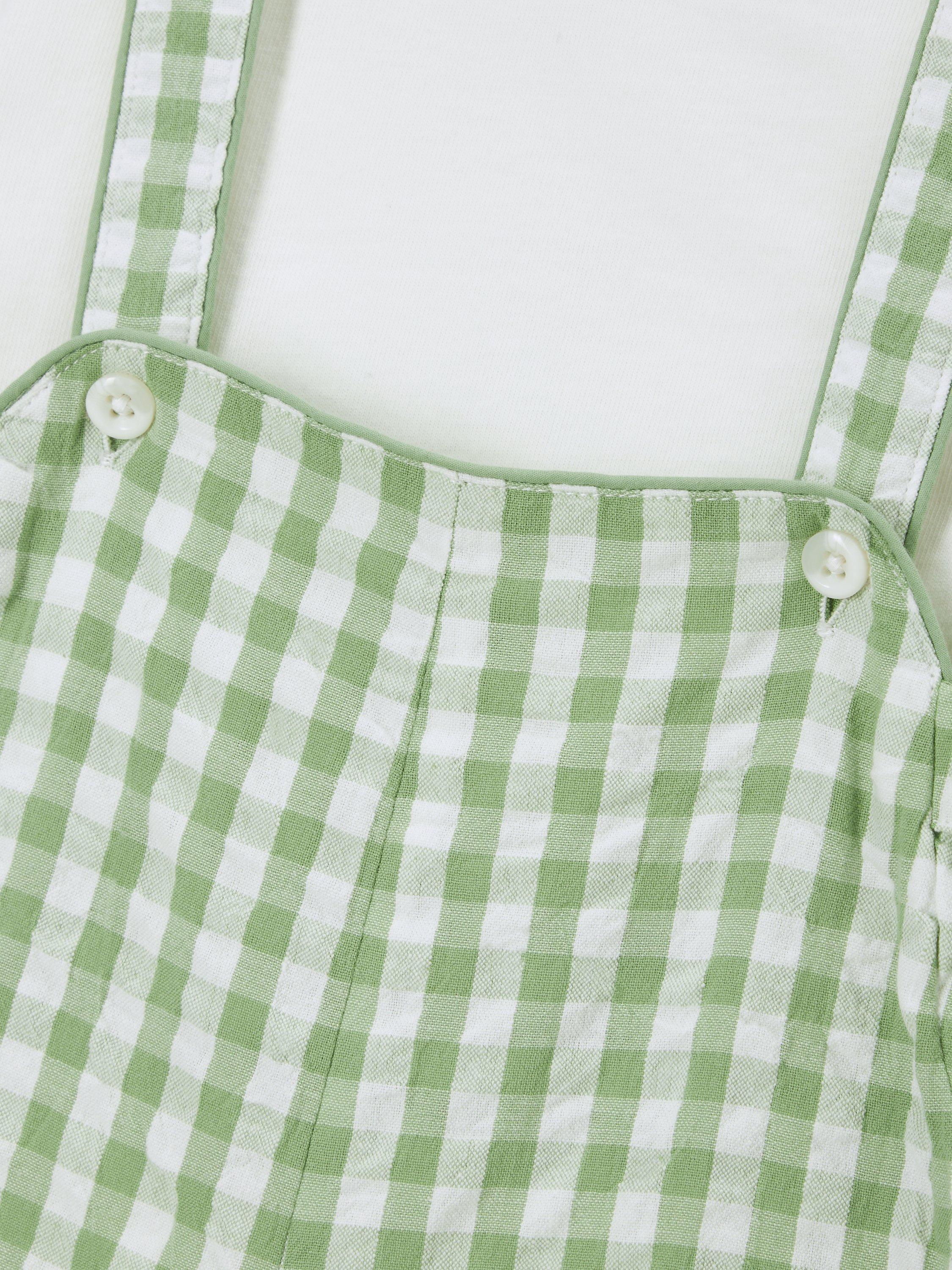 Product image 3 of 3, which shows John Lewis Heirloom Collection Baby T-Shirt and Gingham Short Dungarees Set, Green/Multi, 3-4 years
