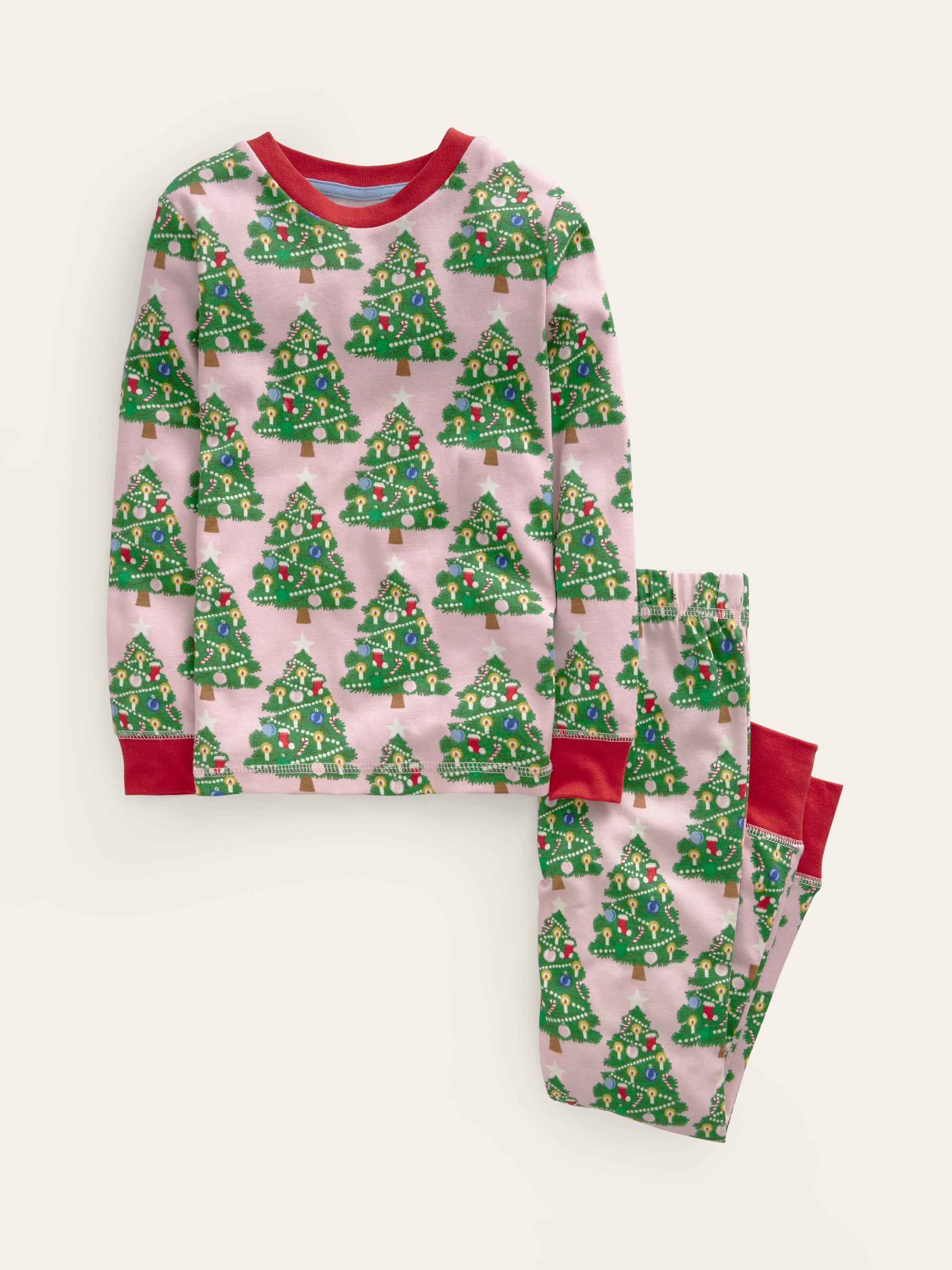 Mini Boden Kids' Snug Glow-In-The-Dark Christmas Tree Pyjamas, Pink