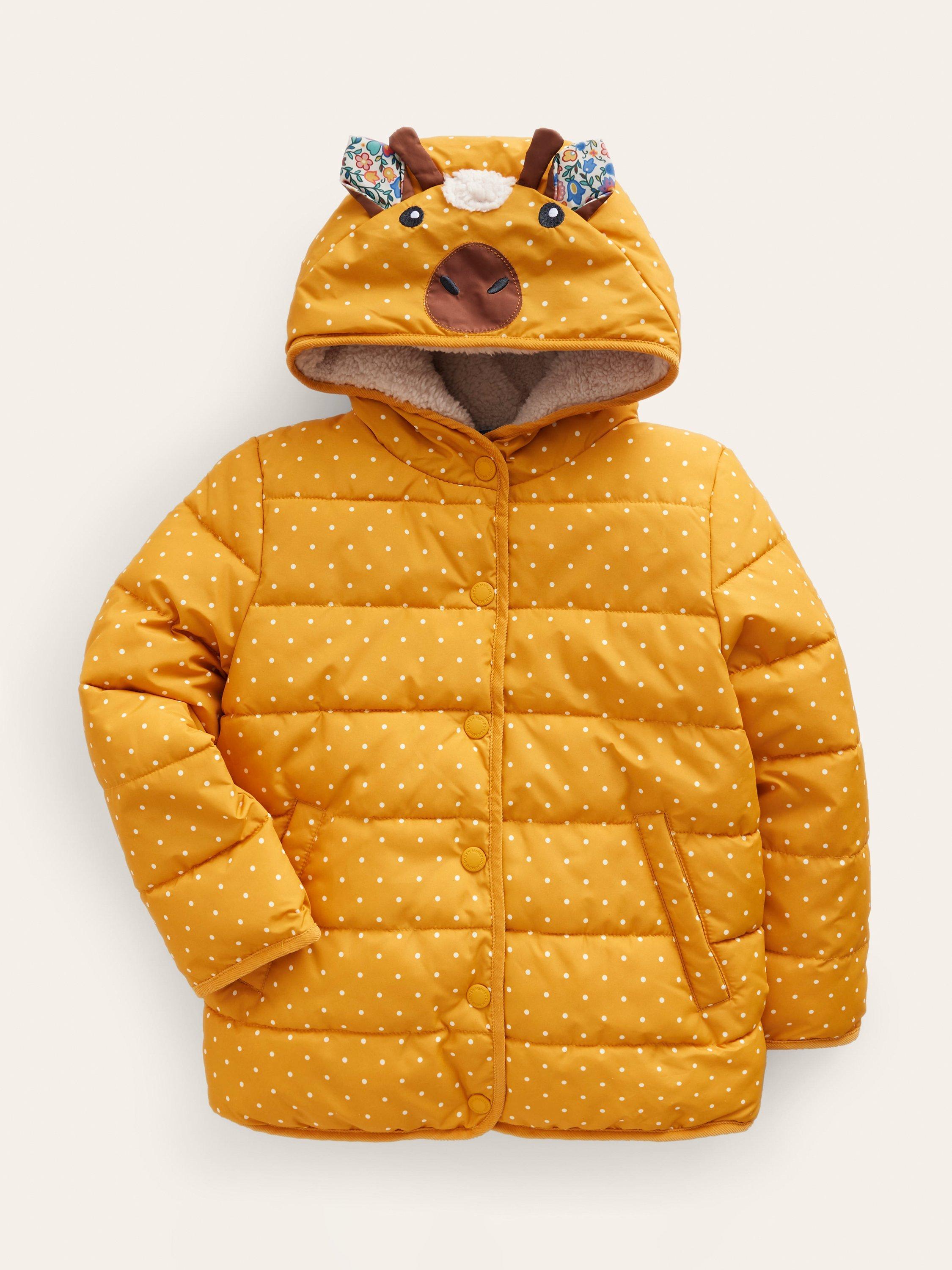 Mini Boden Kids' Giraffe Novelty Pin Spot Padded Hooded Coat, Brioche