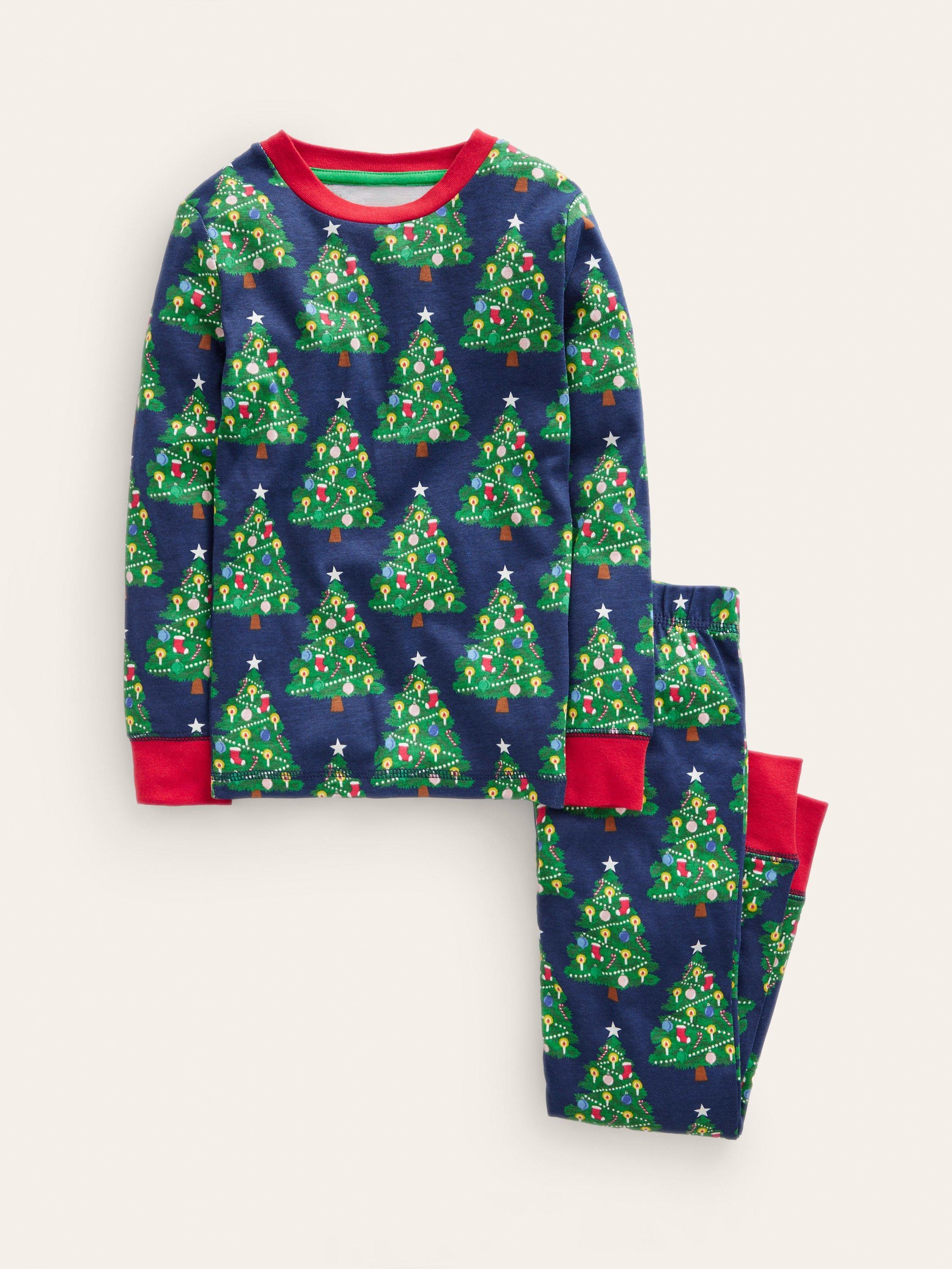 Mini Boden Kids' Glow-In-The-Dark Christmas Tree Print Pyjamas, Navy
