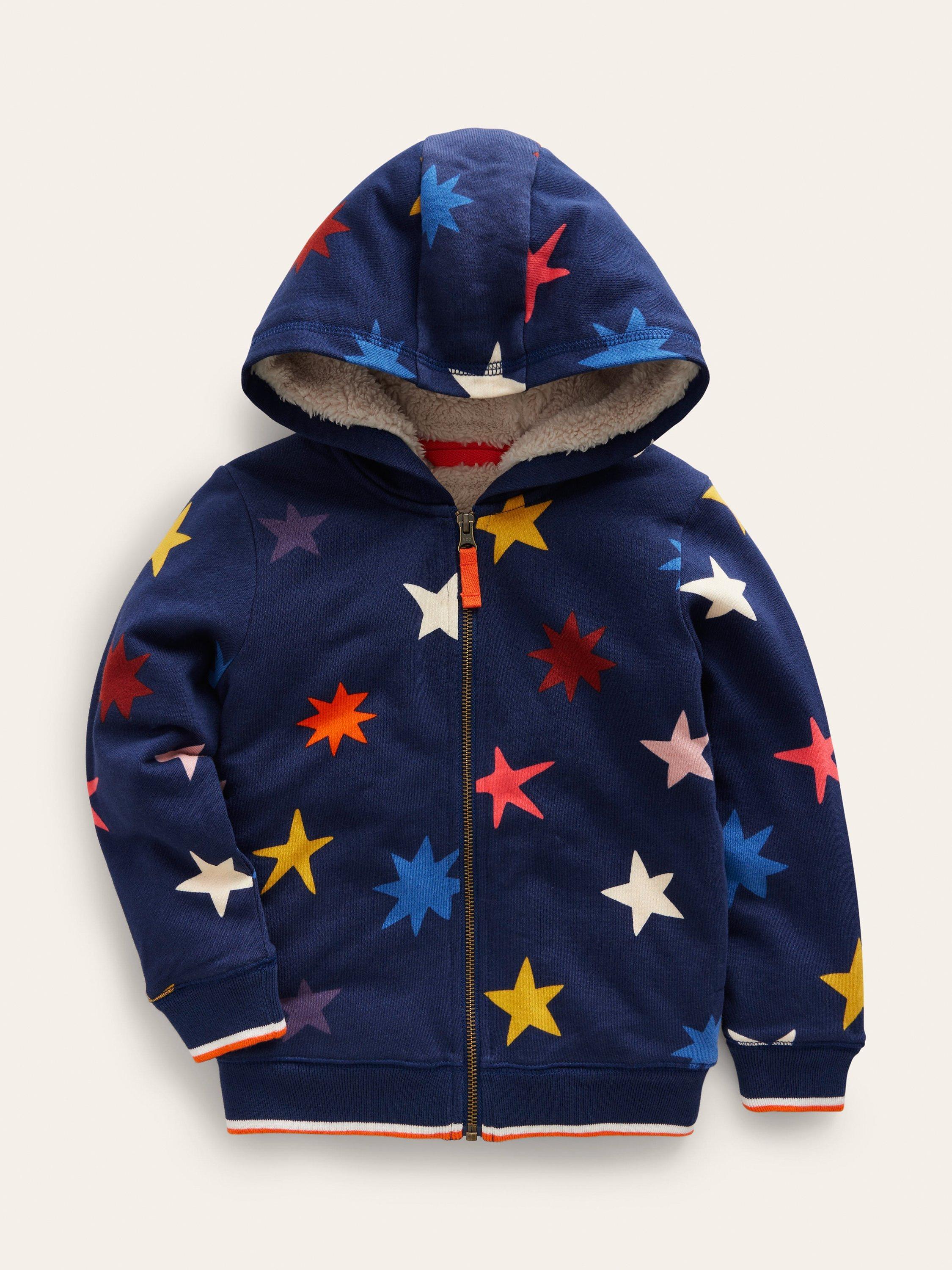 Mini Boden Kids' Sherpa Lined Star Print Hoodie, Navy
