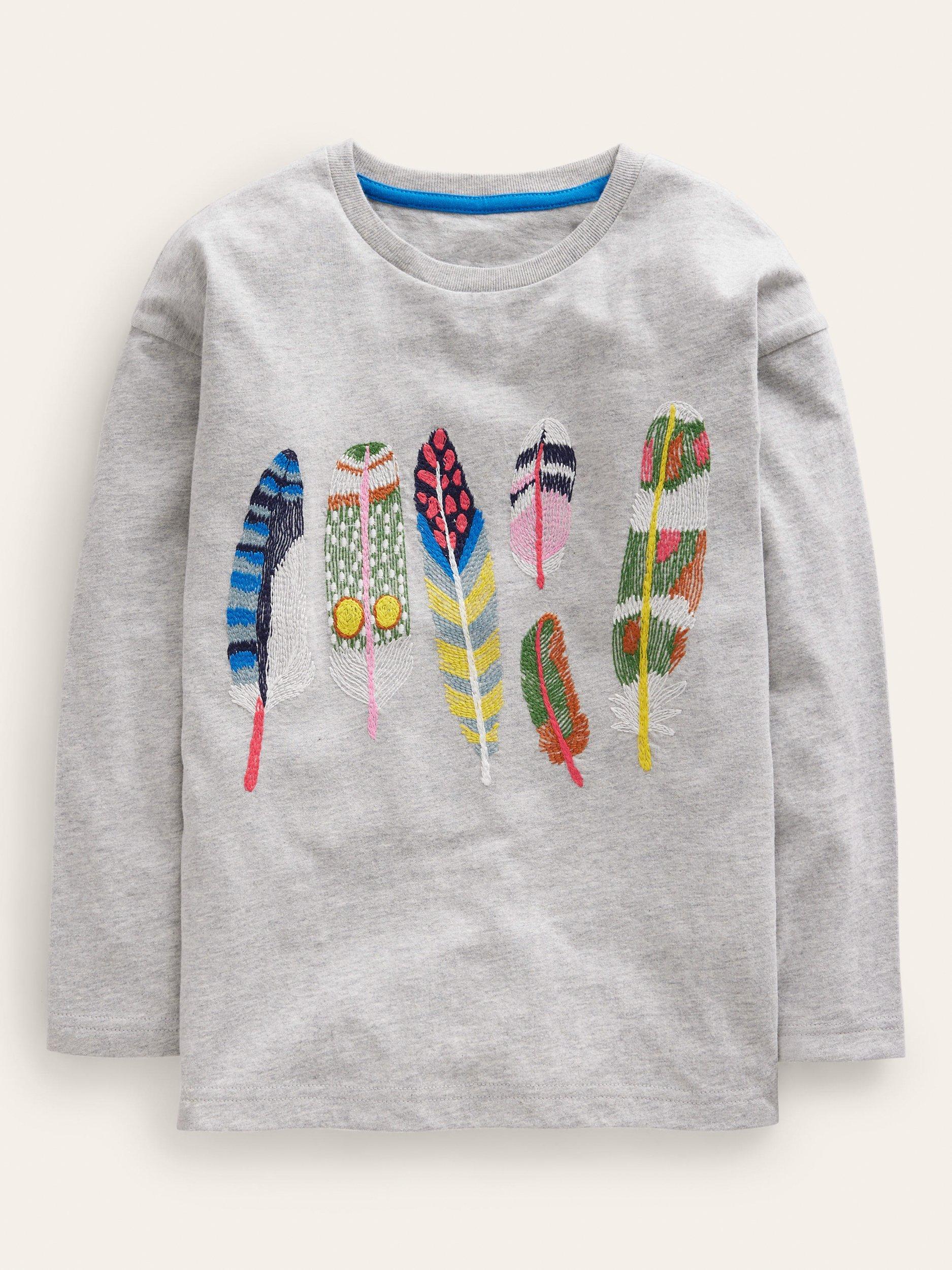 Mini Boden Kids' Feather Superstitch T-Shirt, Grey