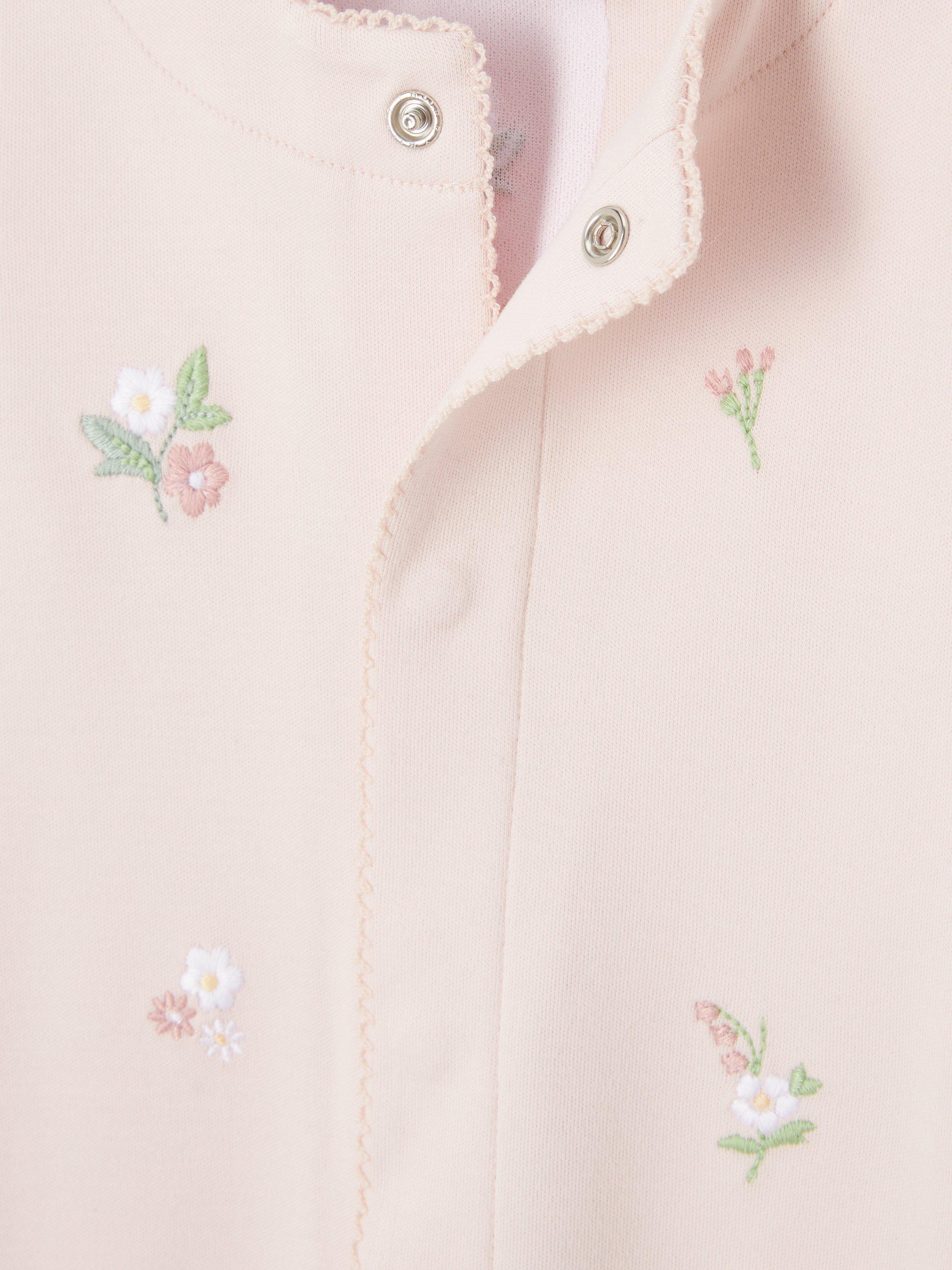 Product image 3 of 3, which shows John Lewis Heirloom Collection Baby Floral Embroidered Pima Cotton Sleepsuit, Pink, 0-3 months