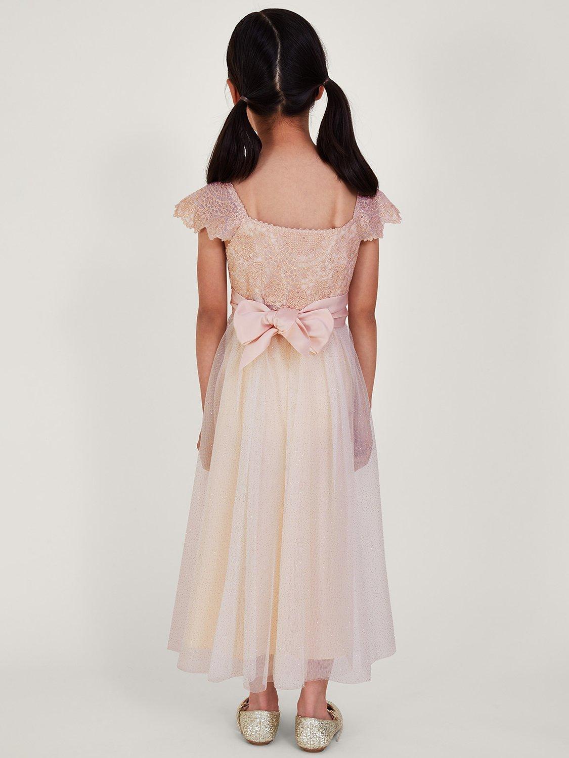 Product image 2 of 5, which shows Monsoon Kids' Estella Floral Embroidered Party Dress, Pink, 3 years
