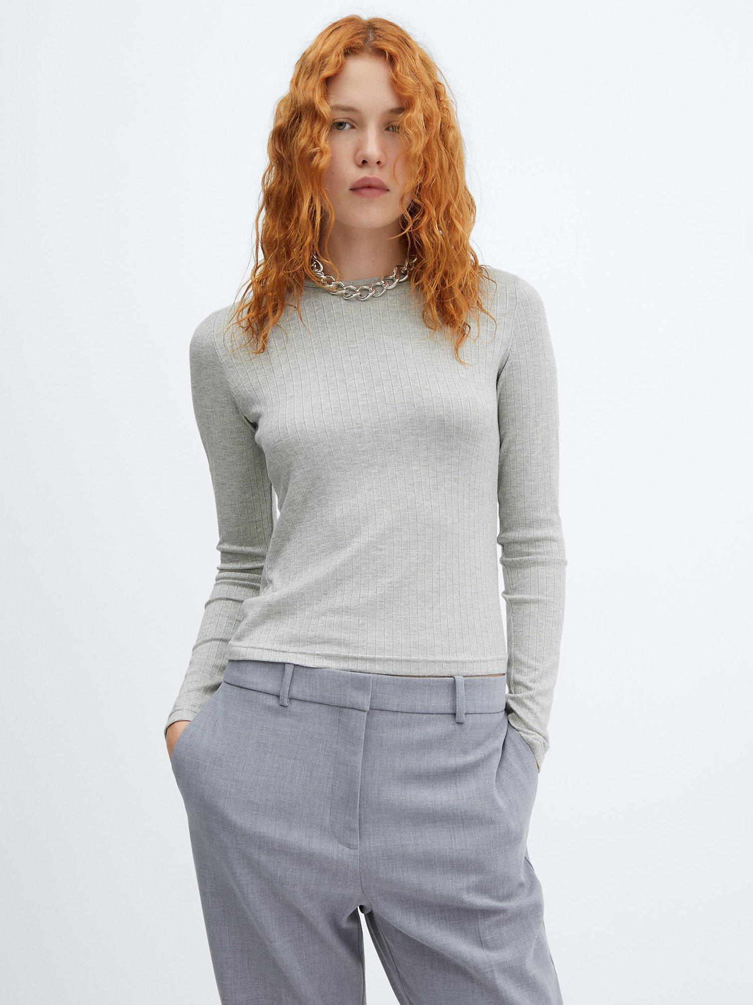 Mango Chicago Long Sleeve Ribbed Top, Medium Grey