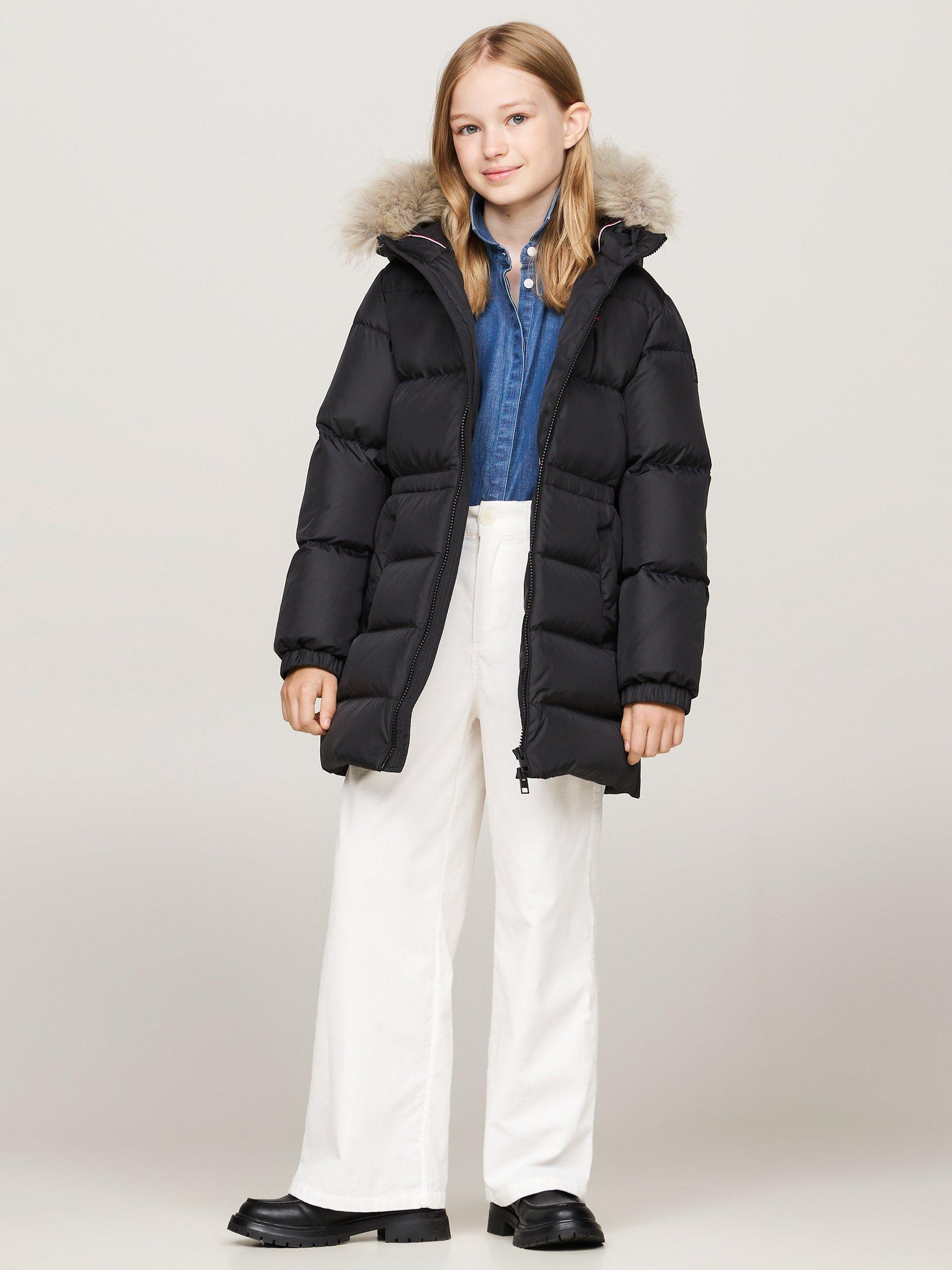 Product image 1 of 6, which shows Tommy Hilfiger Kids' Longline Quilted Fur Hood Coat, Black, 3 years