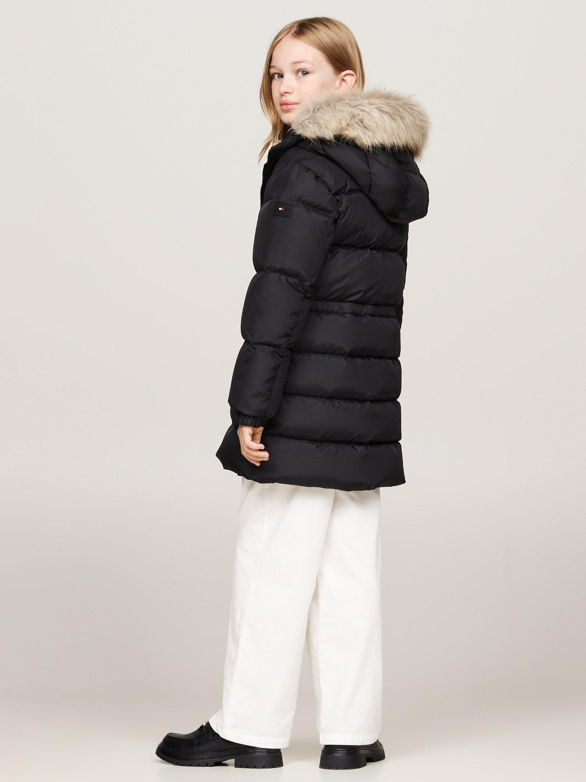 Product image 2 of 6, which shows Tommy Hilfiger Kids' Longline Quilted Fur Hood Coat, Black, 3 years