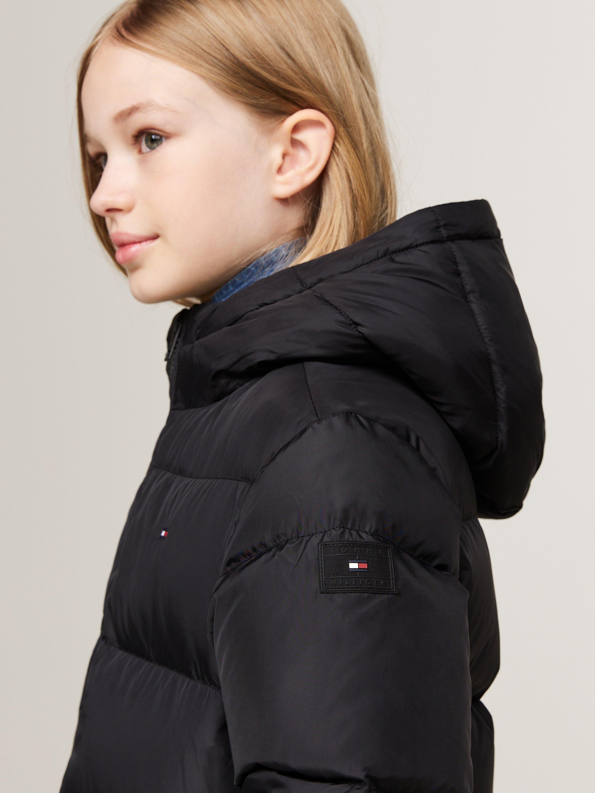 Product image 4 of 6, which shows Tommy Hilfiger Kids' Longline Quilted Fur Hood Coat, Black, 3 years