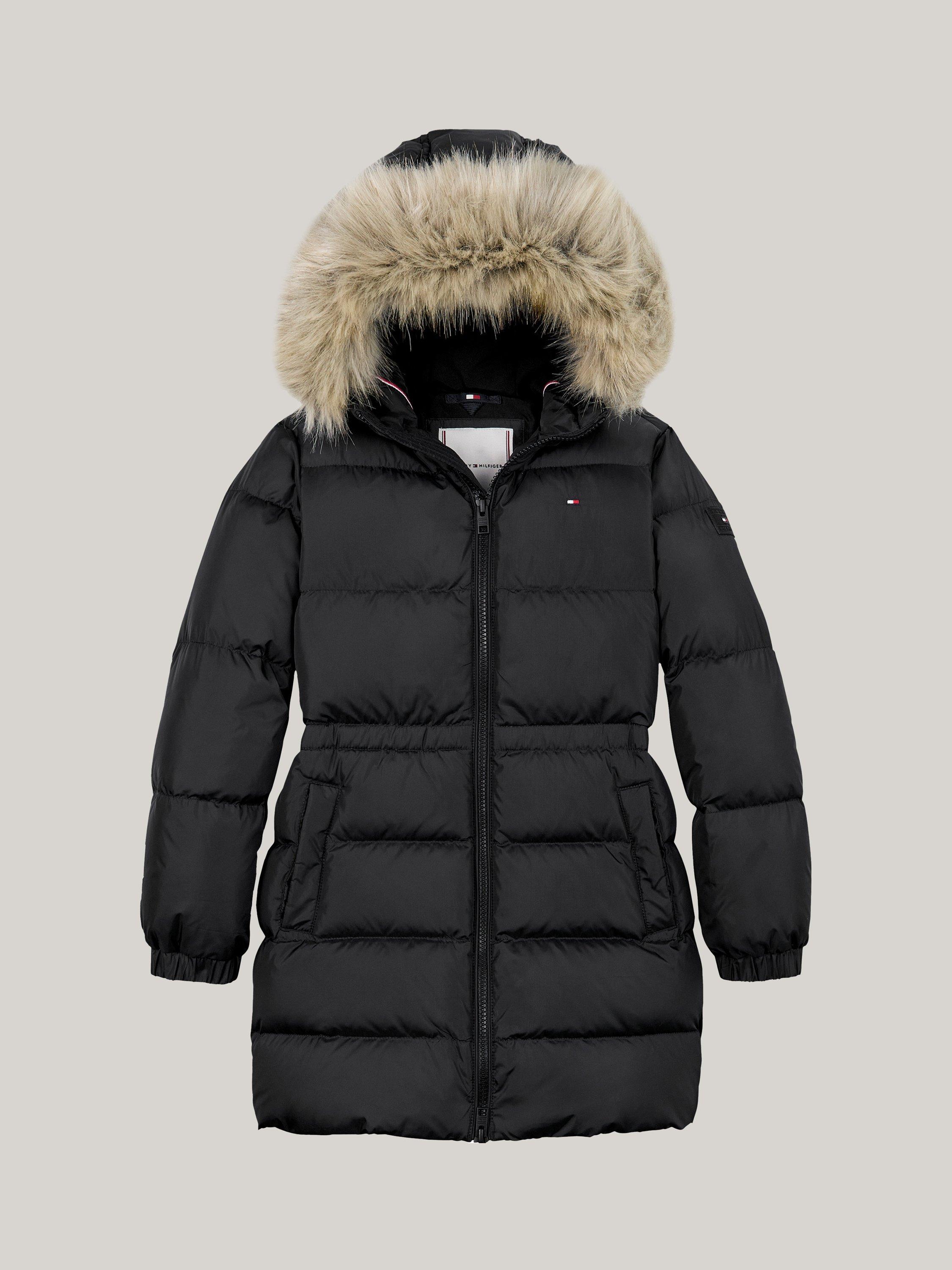 Product image 5 of 6, which shows Tommy Hilfiger Kids' Longline Quilted Fur Hood Coat, Black, 3 years