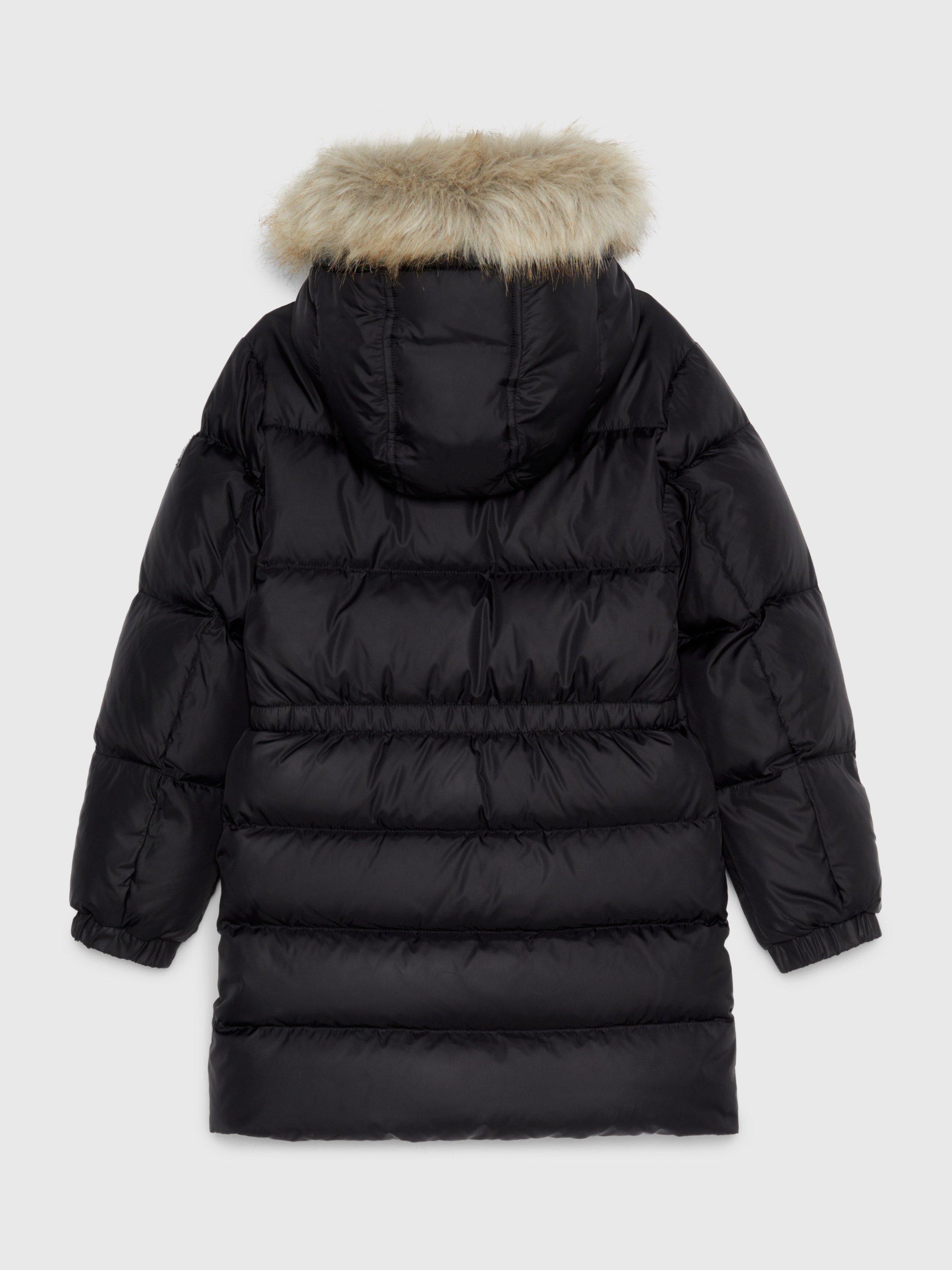 Product image 6 of 6, which shows Tommy Hilfiger Kids' Longline Quilted Fur Hood Coat, Black, 3 years