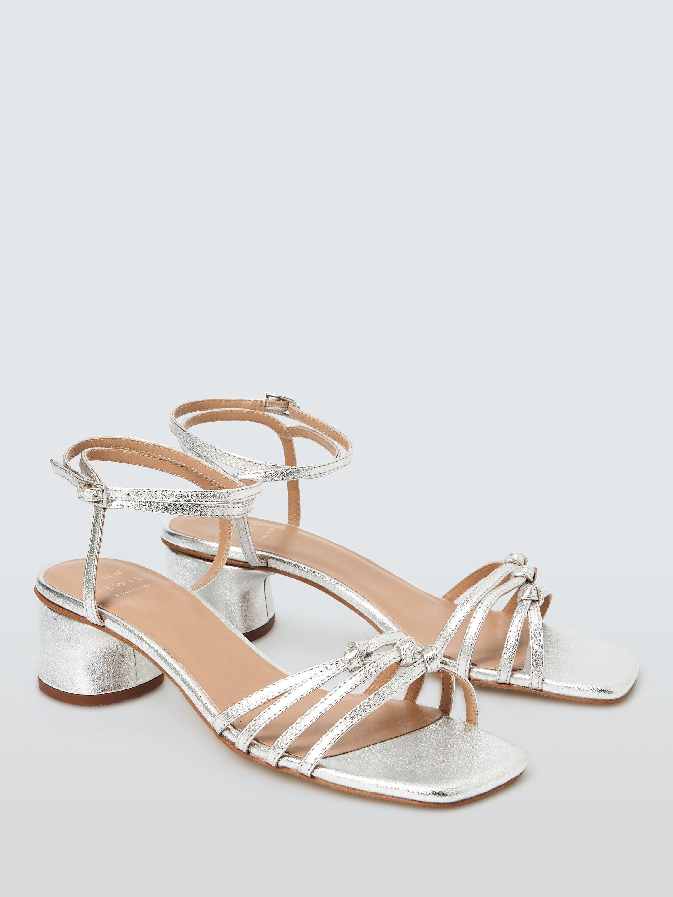 John Lewis Ivie Block Heel Strappy Leather Sandals, Silver, 3