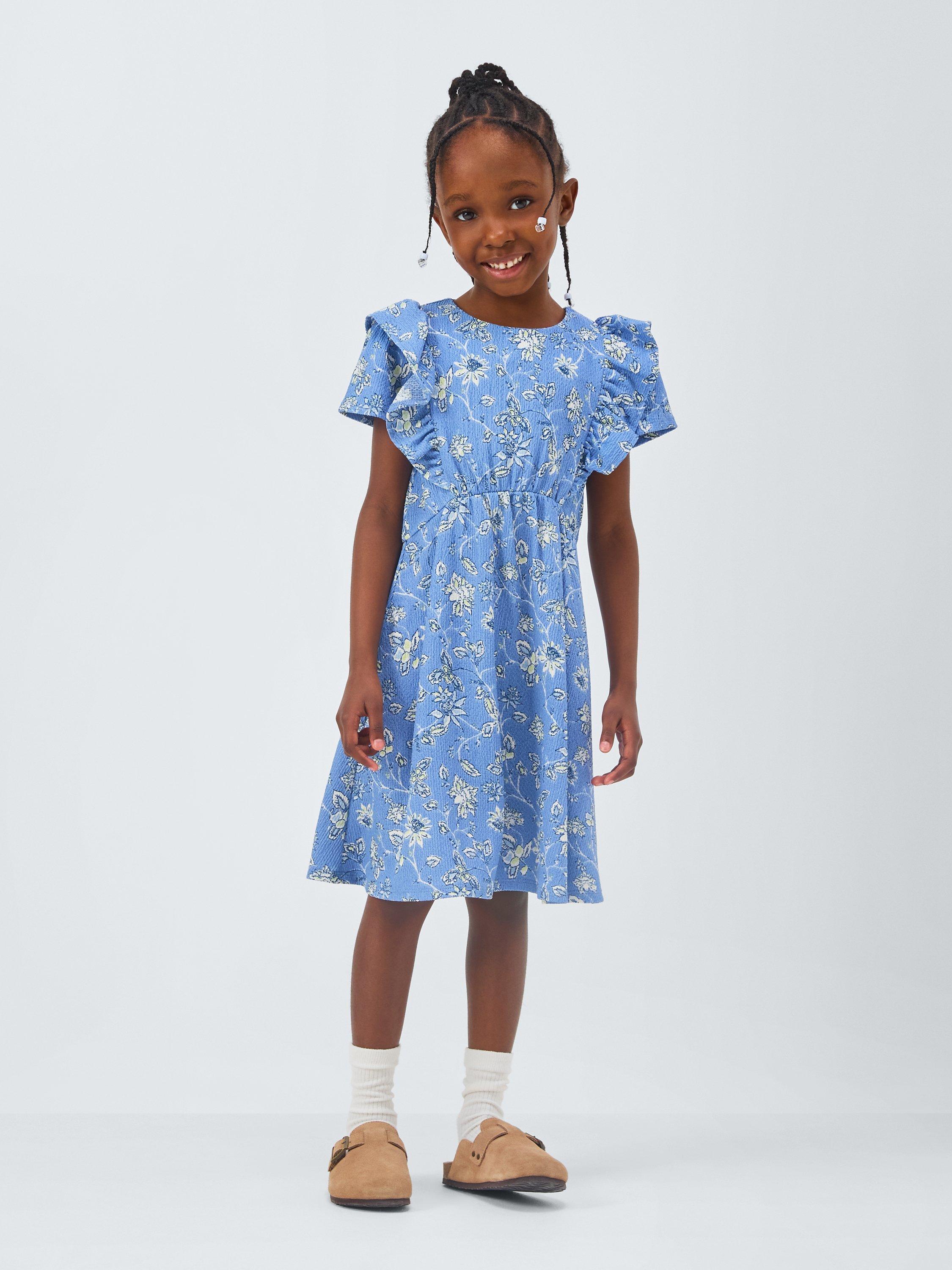 John Lewis Kids Crinkle Floral Dress Blue Bonnet