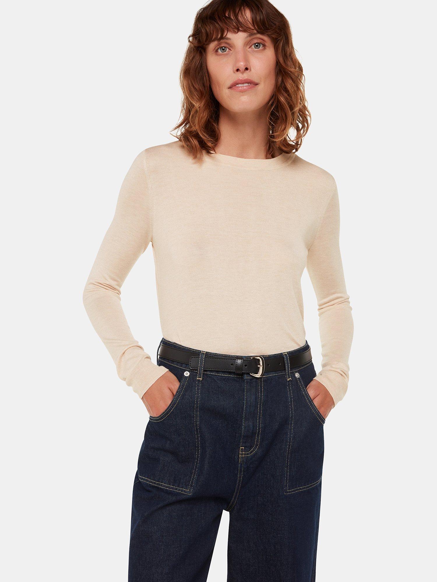 Product image 3 of 6, which shows Whistles Annie Sparkle Crew Neck Jumper, Ivory, 6
