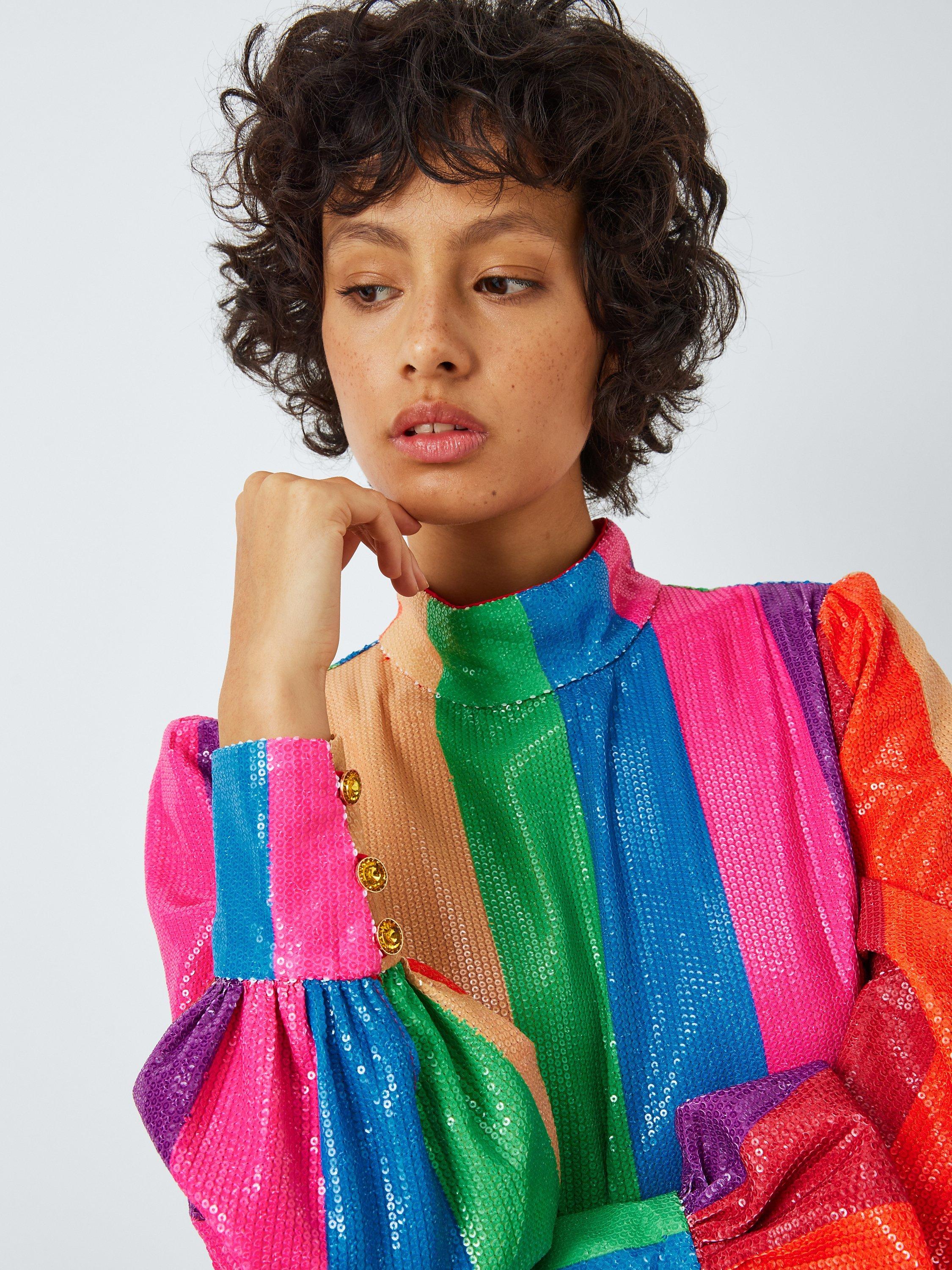 Product image 6 of 6, which shows Olivia Rubin Maddie Rainbow Stripe Sequin Midi Dress, Multi, 6