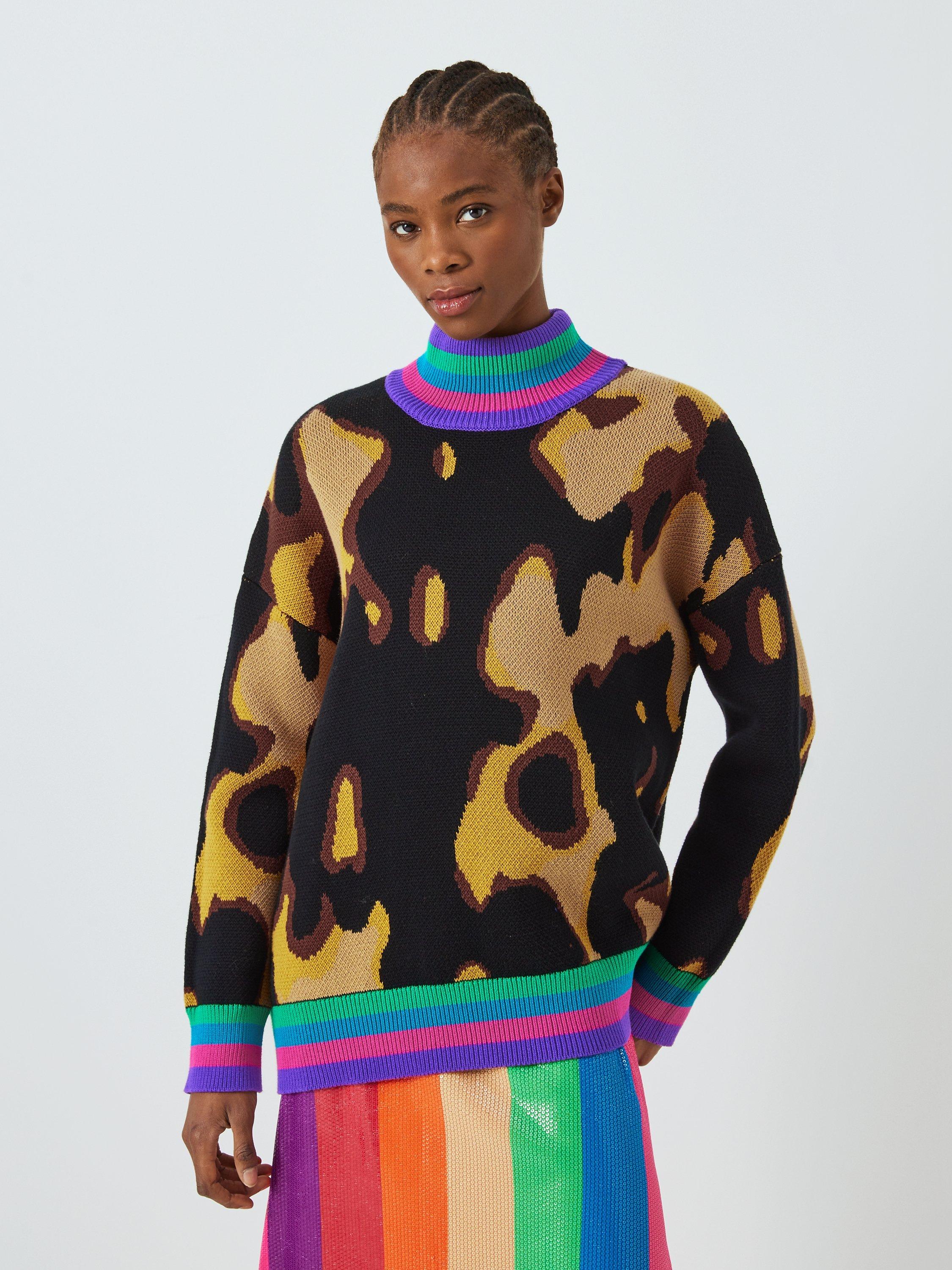 Olivia Rubin Tia Tortoiseshell Rainbow Stripe Rib Cotton Jumper, Brown/Multi