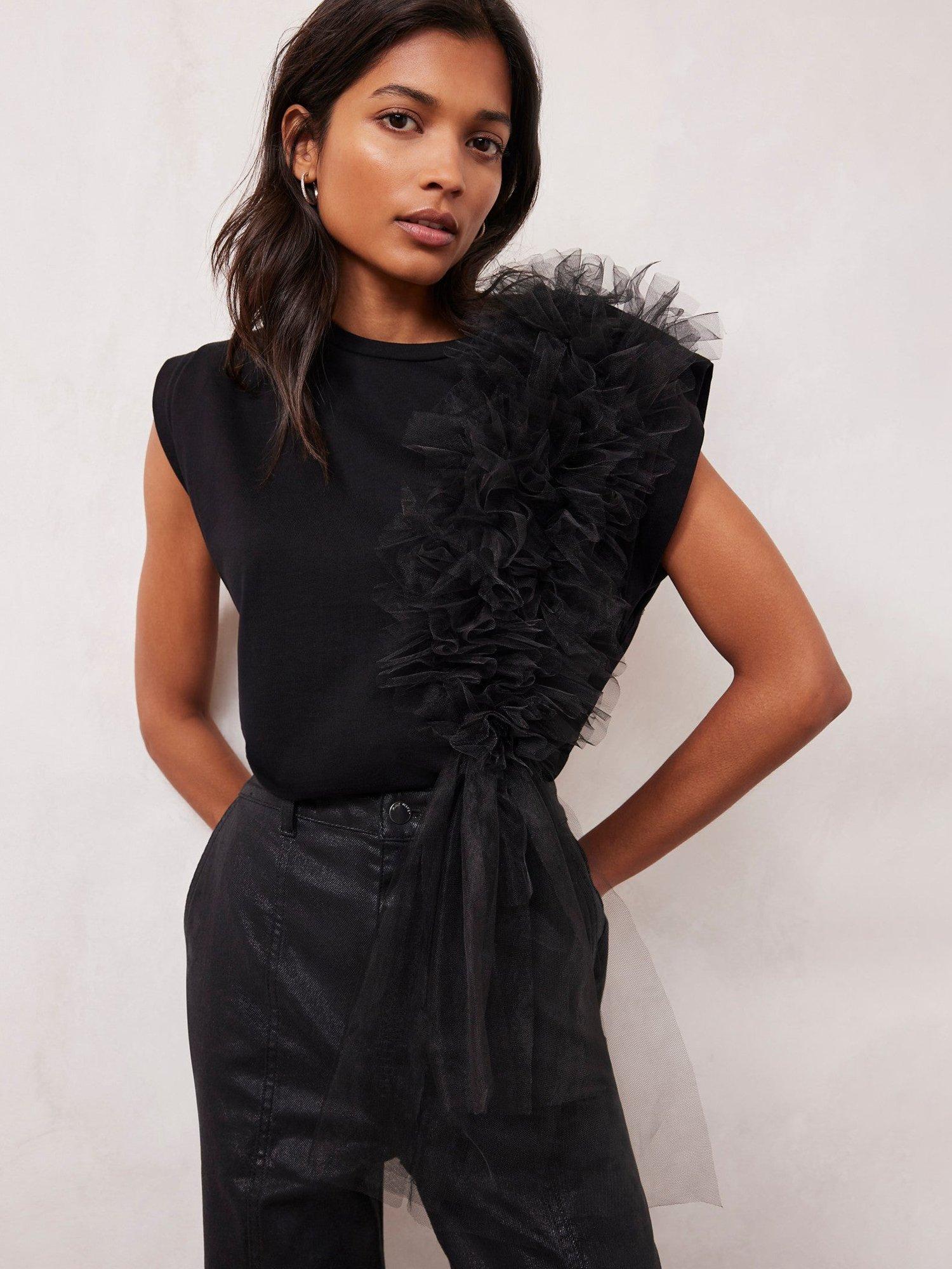 Mint Velvet Organza Ruffle T-Shirt, Black