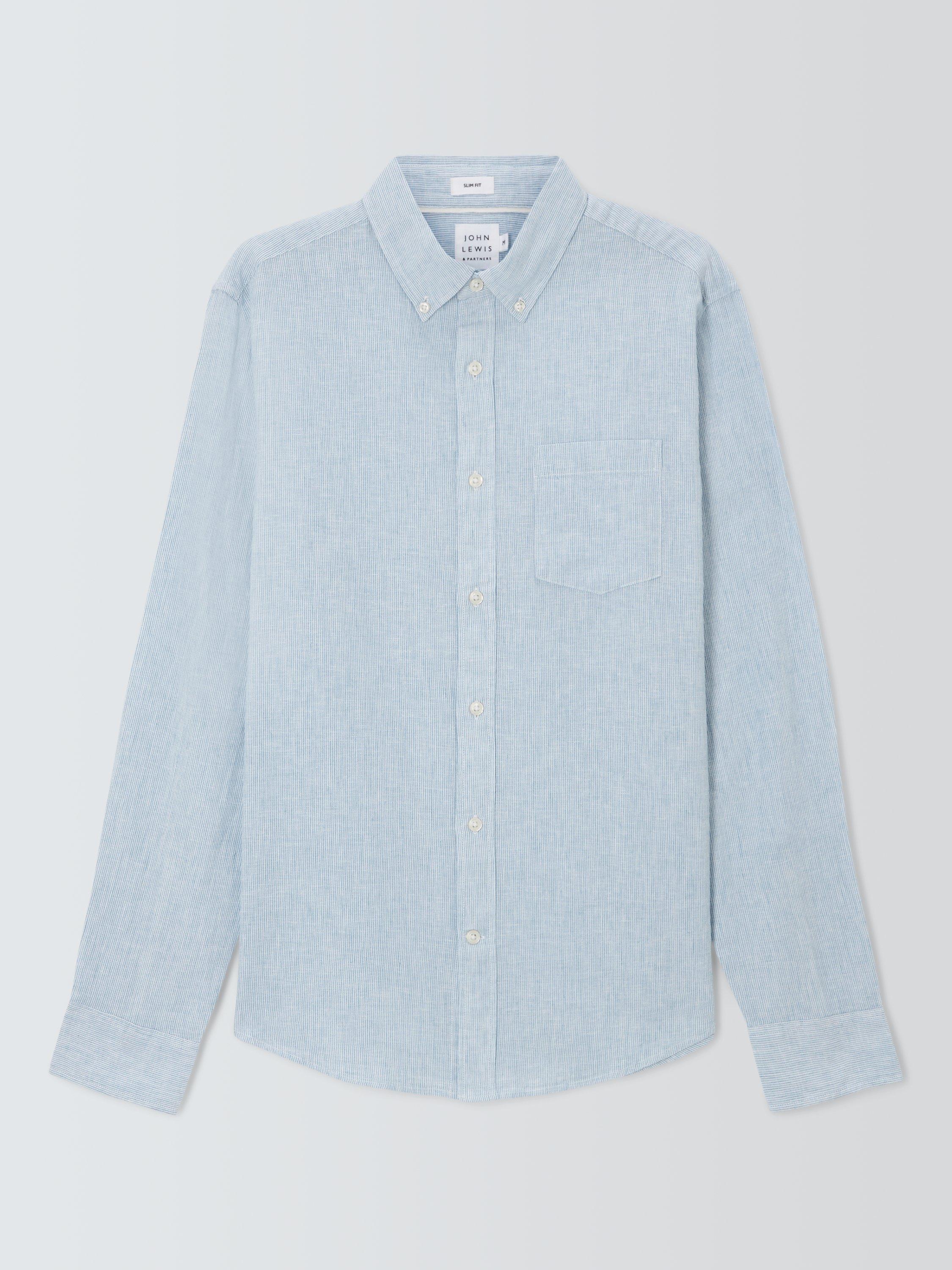 John Lewis Linen Blend Micro Stripe Long Sleeve Shirt, Blue