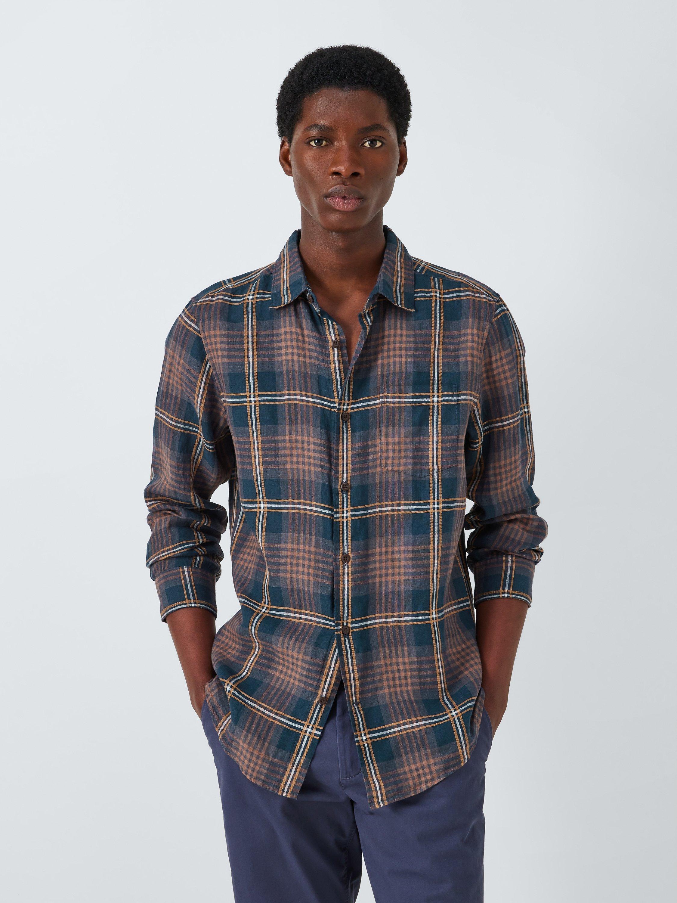 John Lewis Linen Check Shirt, Navy/Brown