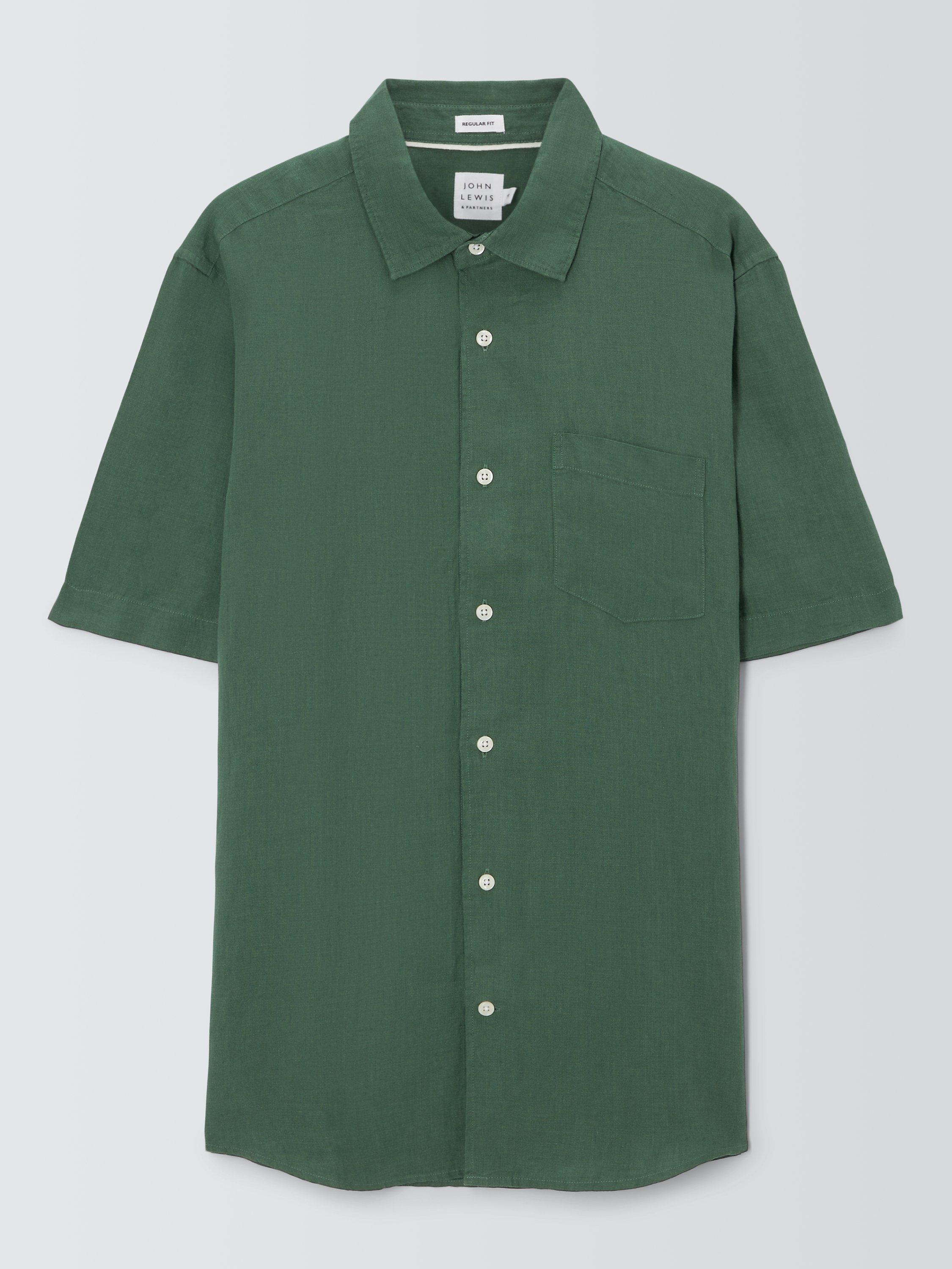 John Lewis Linen Short Sleeve Shirt, Green, XL