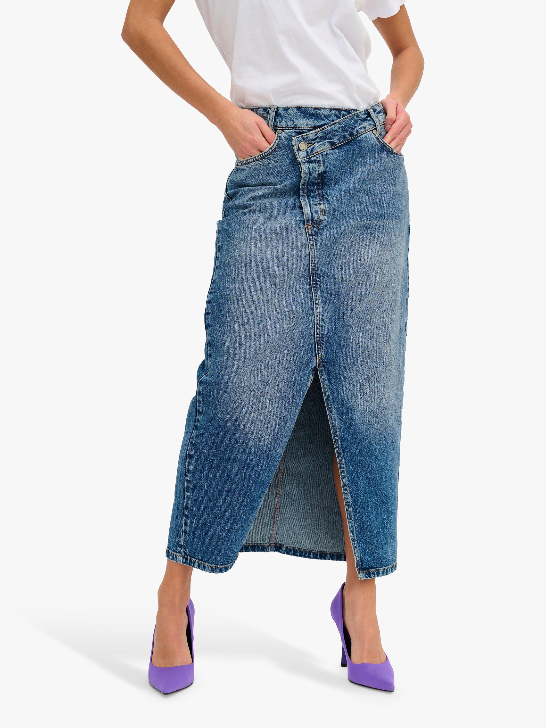 Product image 1 of 4, which shows MY ESSENTIAL WARDROBE Louis Crossover Waist Denim Skirt, Medium Blue Retro, 8