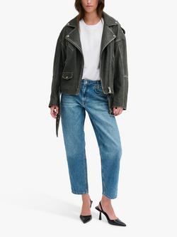 MY ESSENTIAL WARDROBE Gilo Retro Boxy Biker Leather Jacket, Medium Grey, Medium Grey