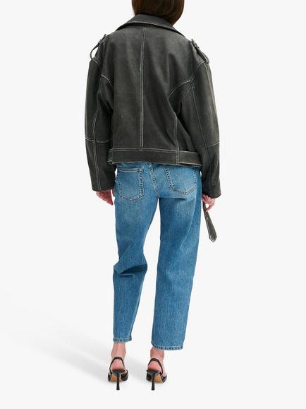MY ESSENTIAL WARDROBE Gilo Retro Boxy Biker Leather Jacket, Medium Grey - view 2, Medium Grey