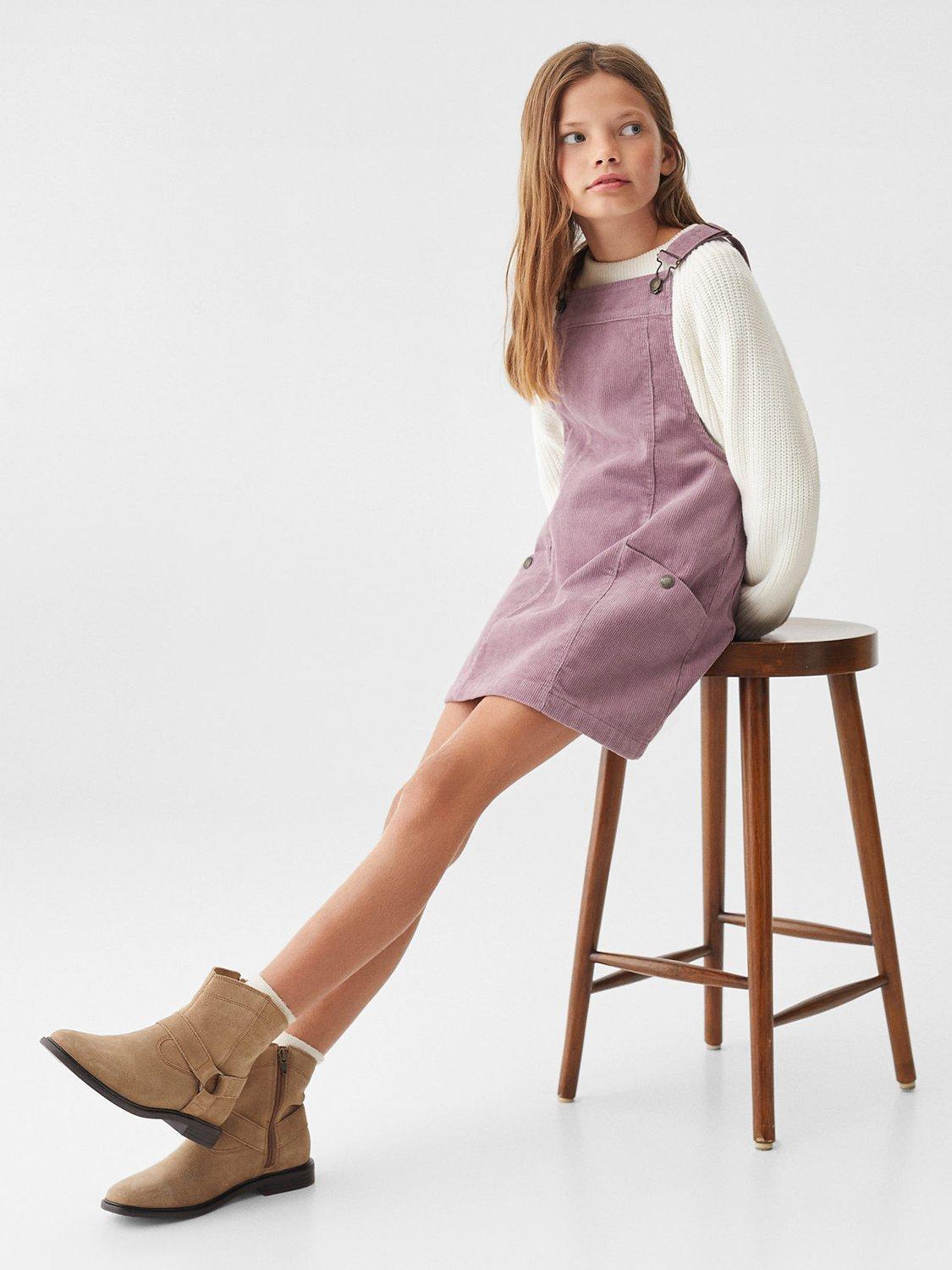 Product image 2 of 6, which shows Mango Kids' Griselda Corduroy Pinafore Dress, Purple, 9 years