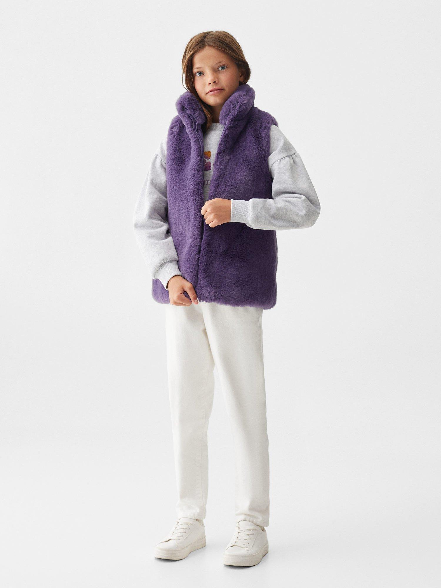 Product image 2 of 7, which shows Mango Kids' Canela High Neck Faux Fur Gilet, Pastel Purple, 9-10 years