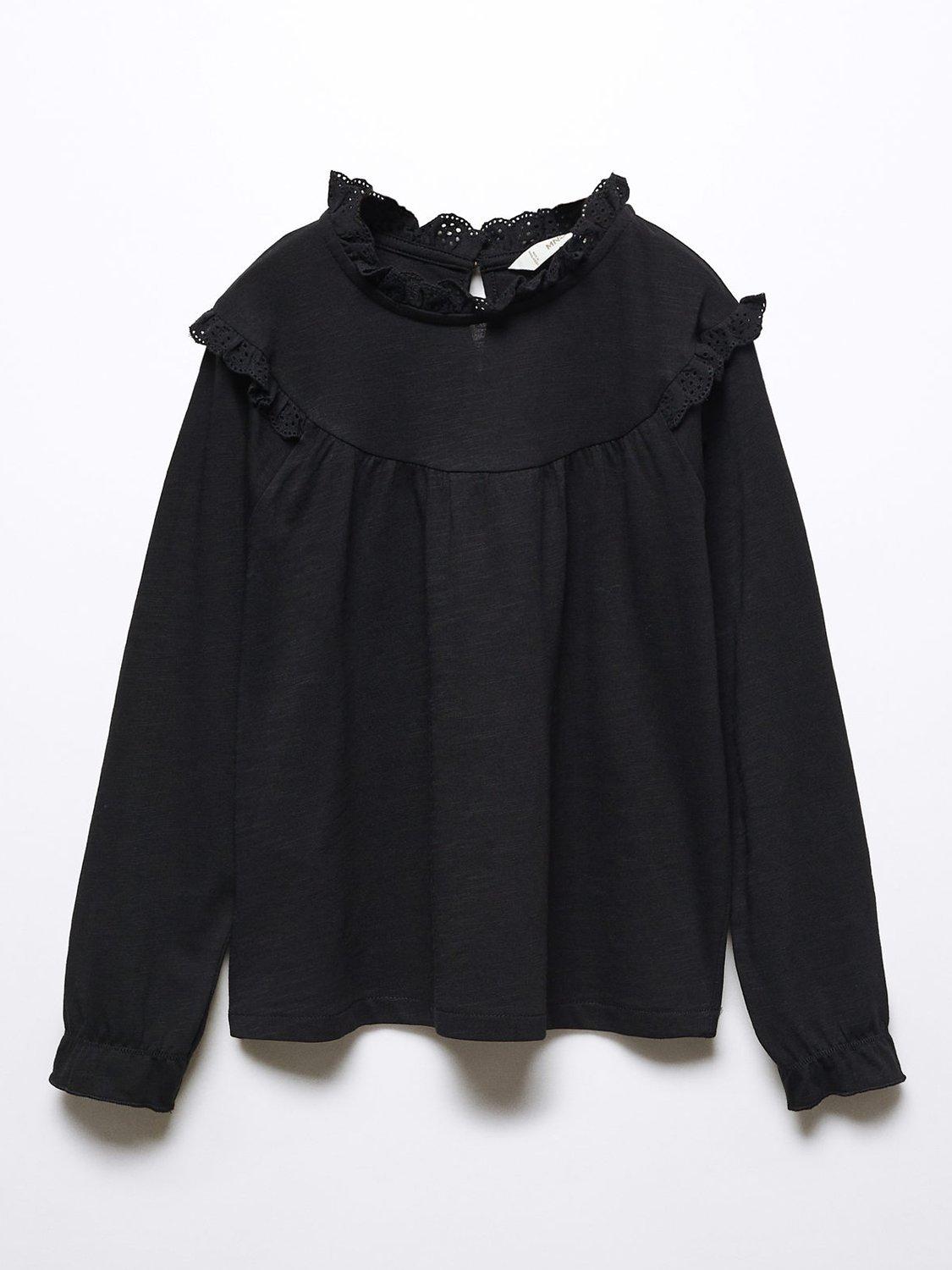 Product image 1 of 3, which shows Mango Kids' Olga Ruffle Detail Long Sleeve T-Shirt, Black, 5-6 years