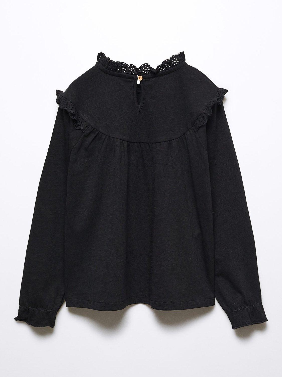 Product image 2 of 3, which shows Mango Kids' Olga Ruffle Detail Long Sleeve T-Shirt, Black, 5-6 years