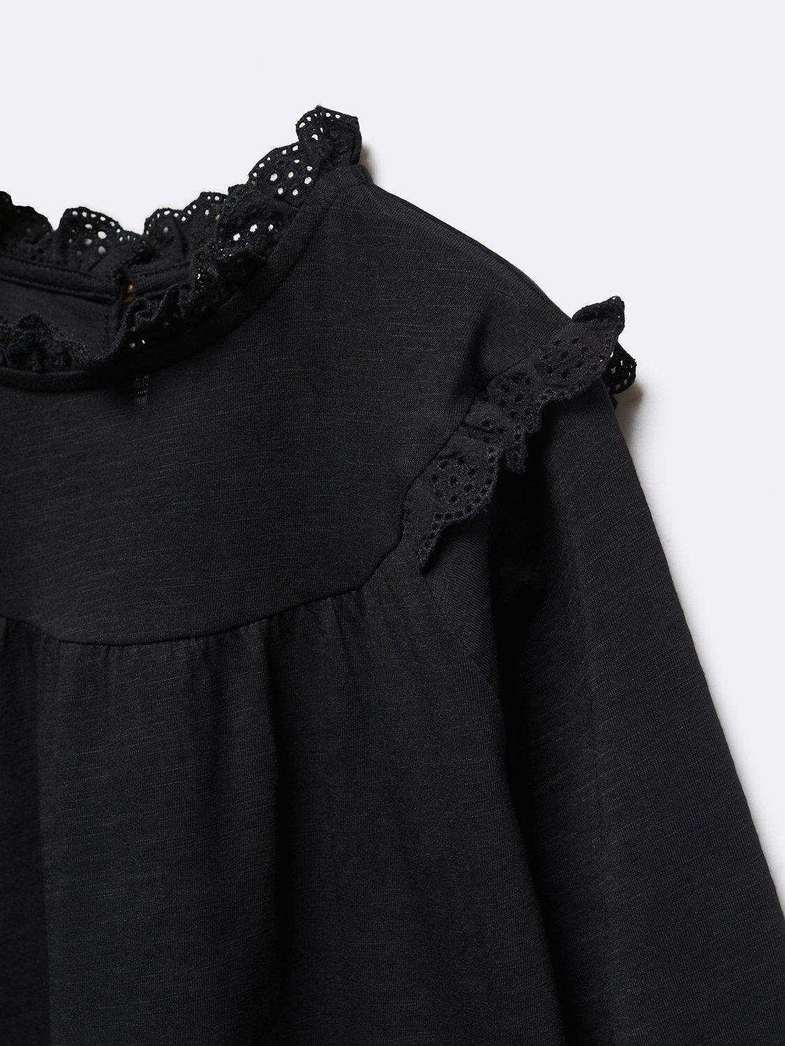Product image 3 of 3, which shows Mango Kids' Olga Ruffle Detail Long Sleeve T-Shirt, Black, 5-6 years