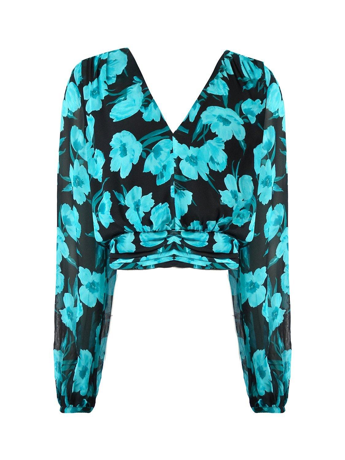 Ro&Zo Floral Pintuck Cropped Blouse, Turquoise, 6