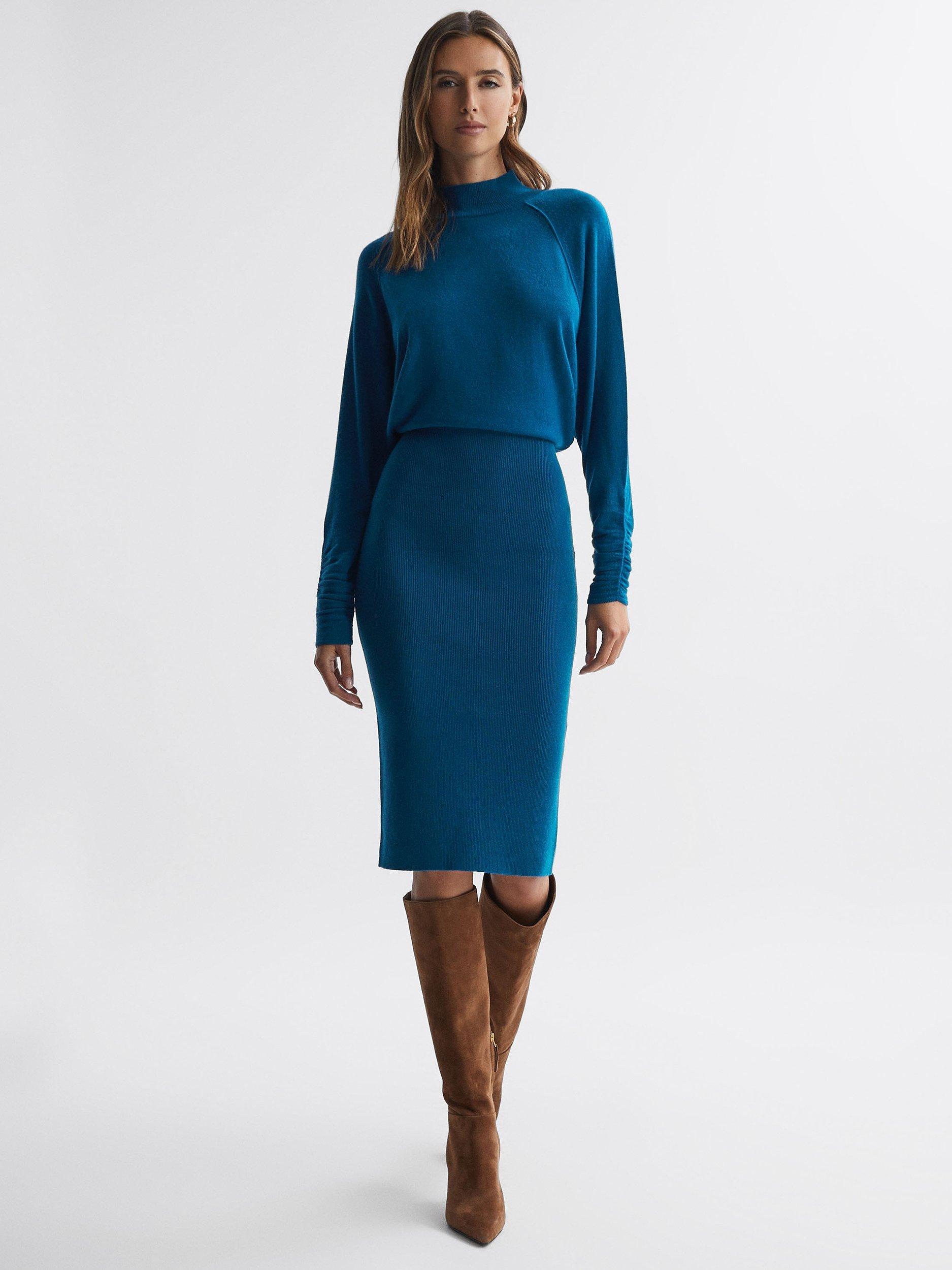 Reiss Freya Knitted High Neck Dress, Teal
