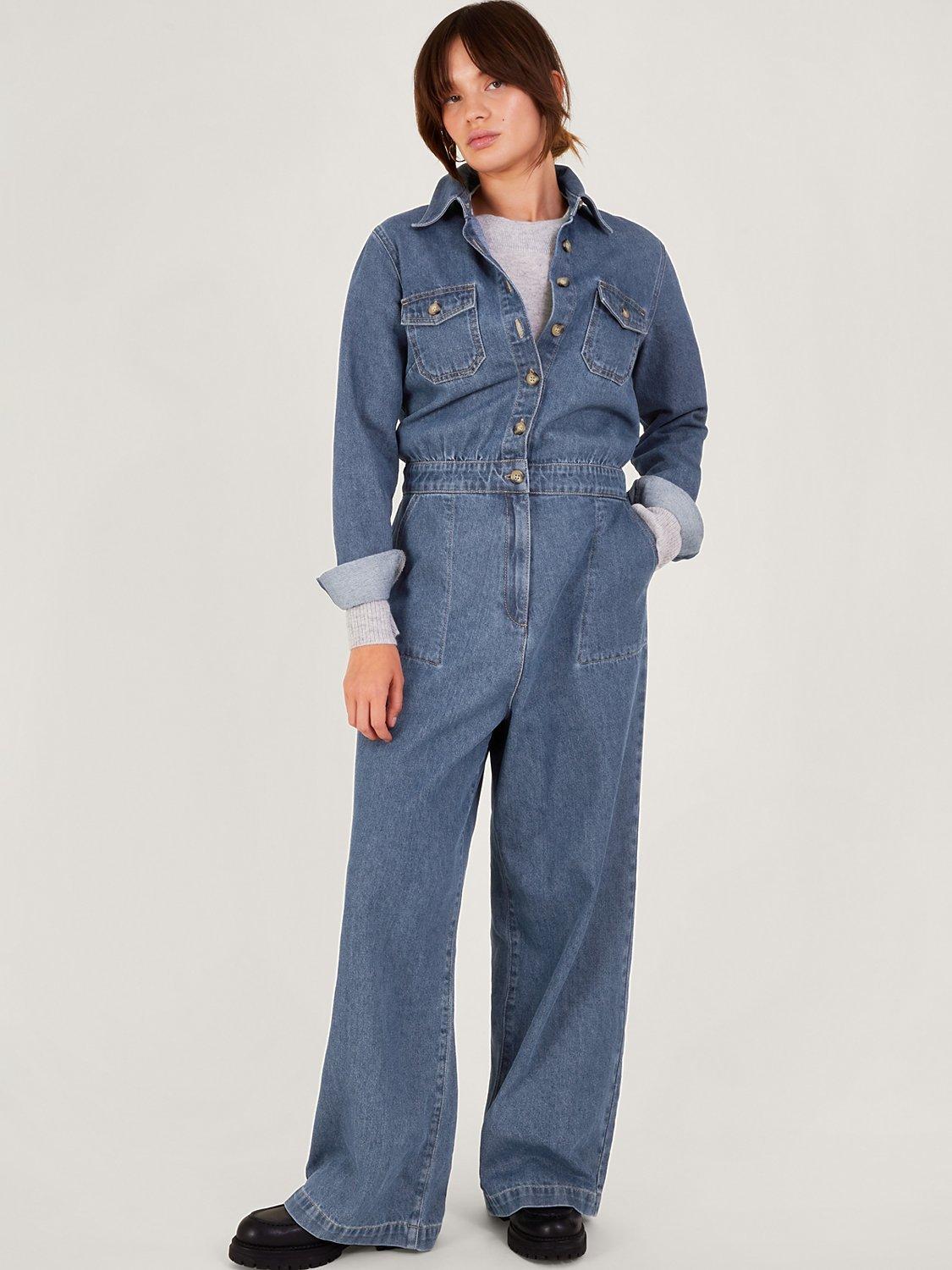 Monsoon Etta Wide Leg Denim Jumpsuit, Denim Blue, 20